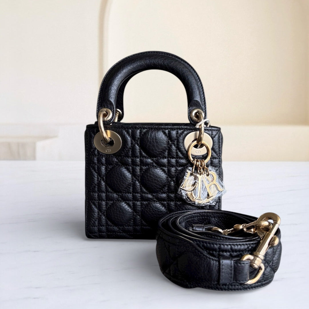 Dior Lady Mini - Cannage Grained Calfskin Black Gold Hardware