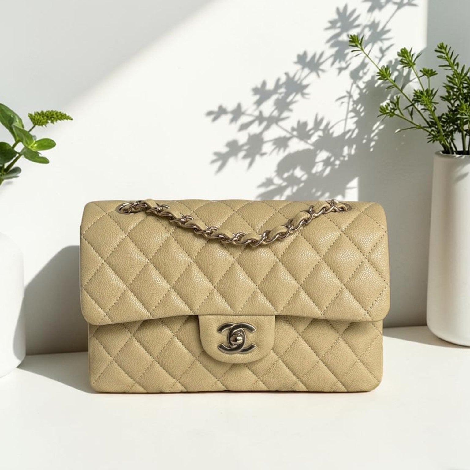 Chanel Classic Flap Small - Caviar 23CM Quilted Beige Gold Hardware Microchip