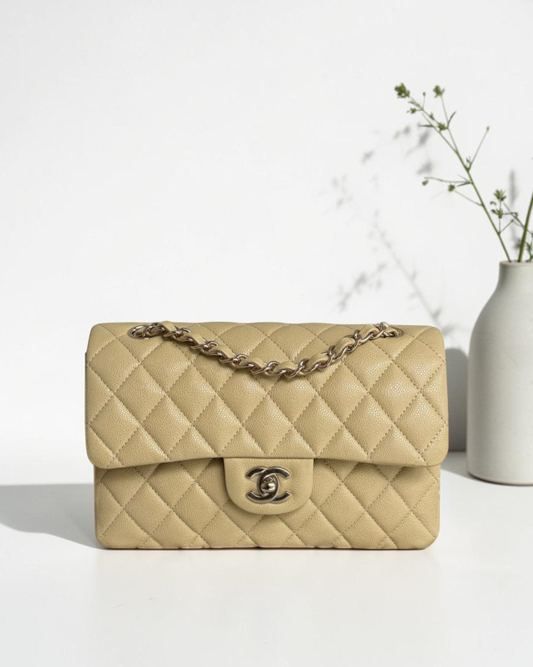 Chanel Classic Flap Small - Caviar 23CM Quilted Beige Gold Hardware Microchip