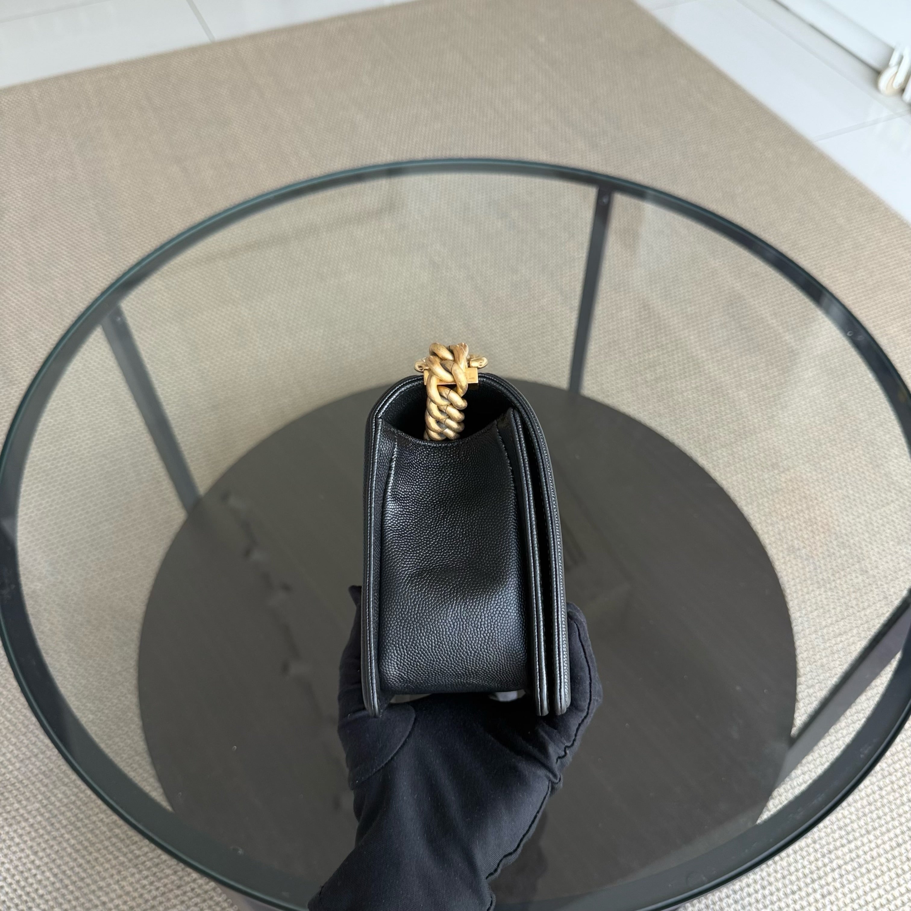 Chanel Boy Medium - Caviar 25CM Quilted Grained Calfskin Black Gold Hardware Series 29
