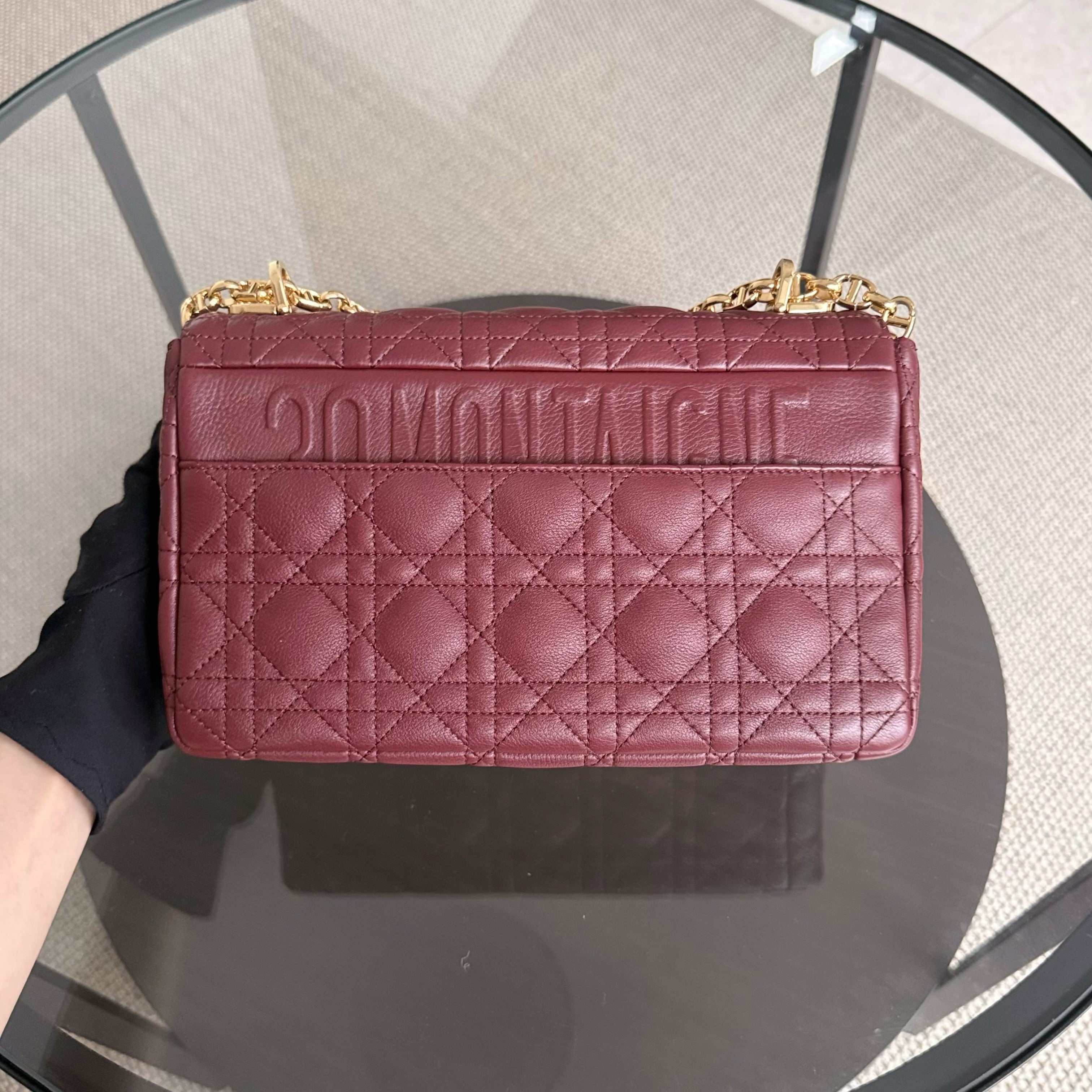 Dior Caro Medium - Cannage Grained Calfskin Burgundy Gold Hardware