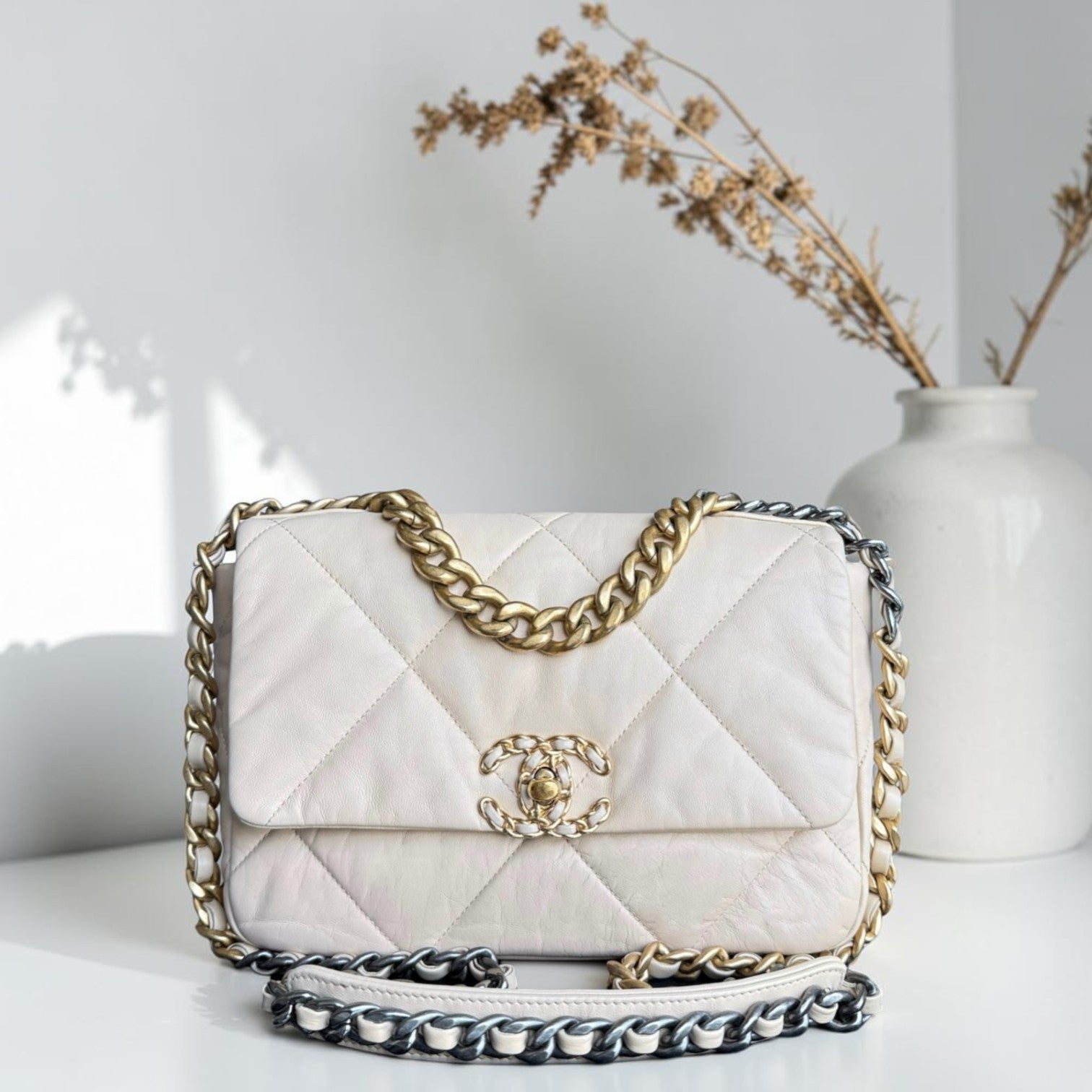 Chanel 19 Bag Small- C19 Quilted Goatskin Light Beige Cream Two-tone Hardware Series 30