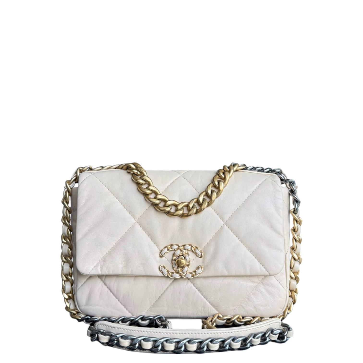 Chanel 19 Bag Small- C19 Quilted Goatskin Light Beige Cream Two-tone Hardware Series 30