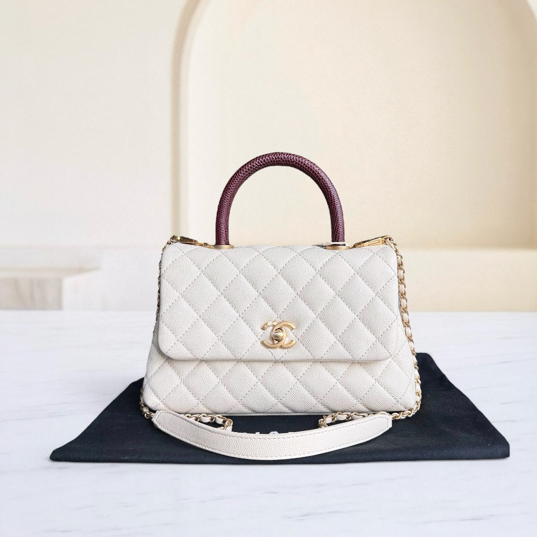 Chanel Coco Handle Small - Caviar Quilted Lizard Handle White Gold Hardward 24