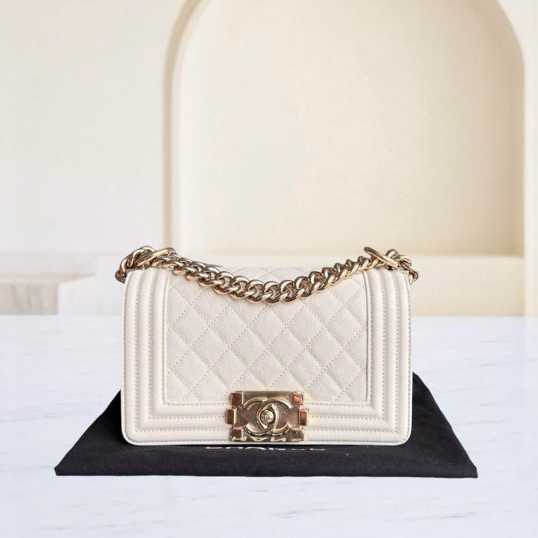 Chanel Boy Small - Caviar Quilted Cream White Gold Hardware 27