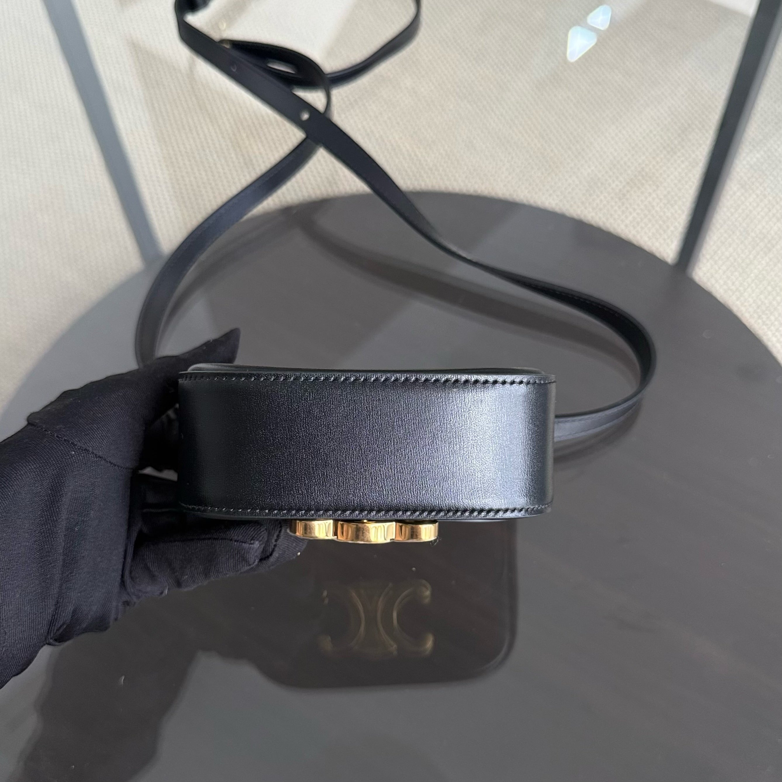 Celine Triomphe Mini Claude Flap Bag in Black Shiny Calfskin and GHW
