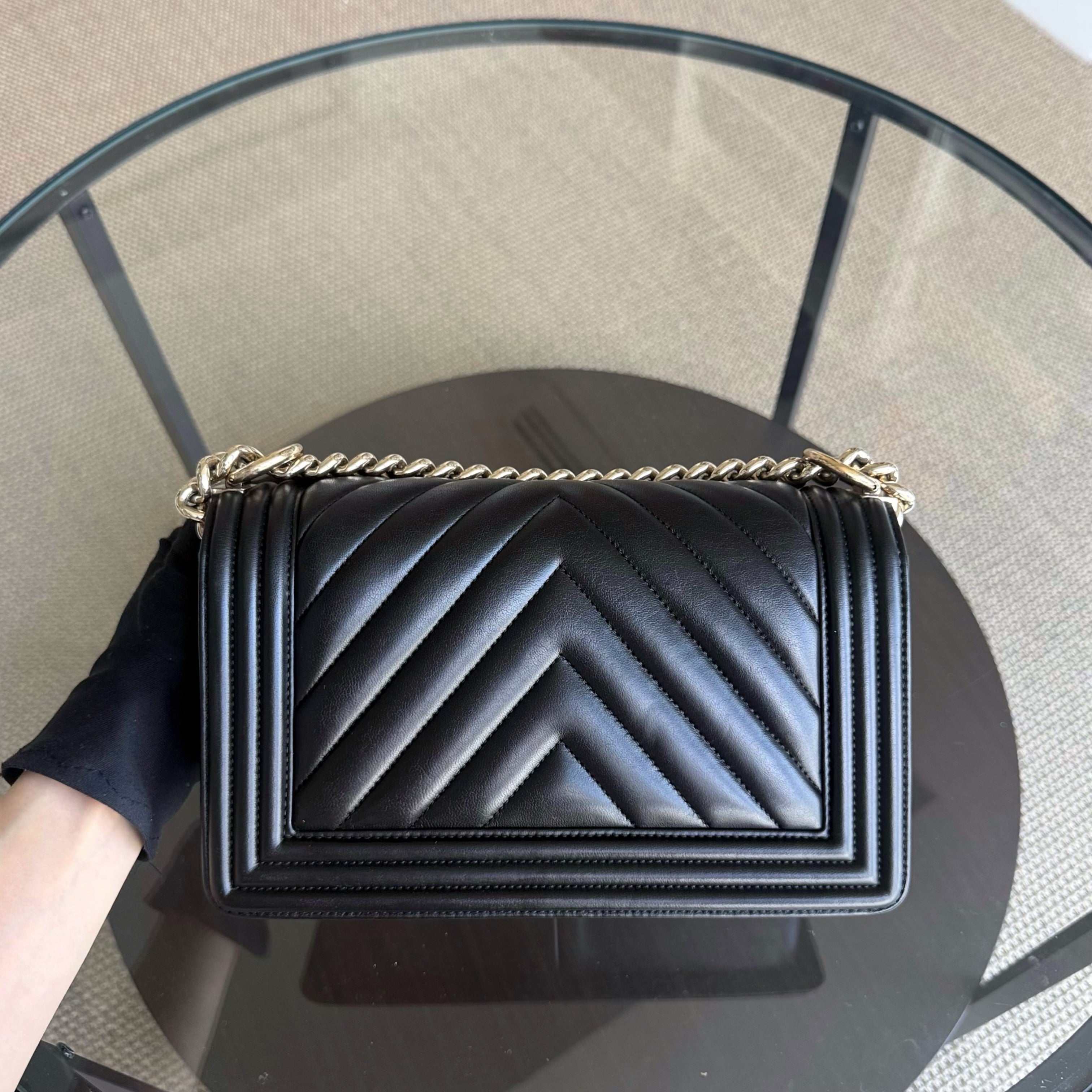 Chanel Boy Medium - 25CM Chevron Calfskin Black Aged Gold Hardware Series 23
