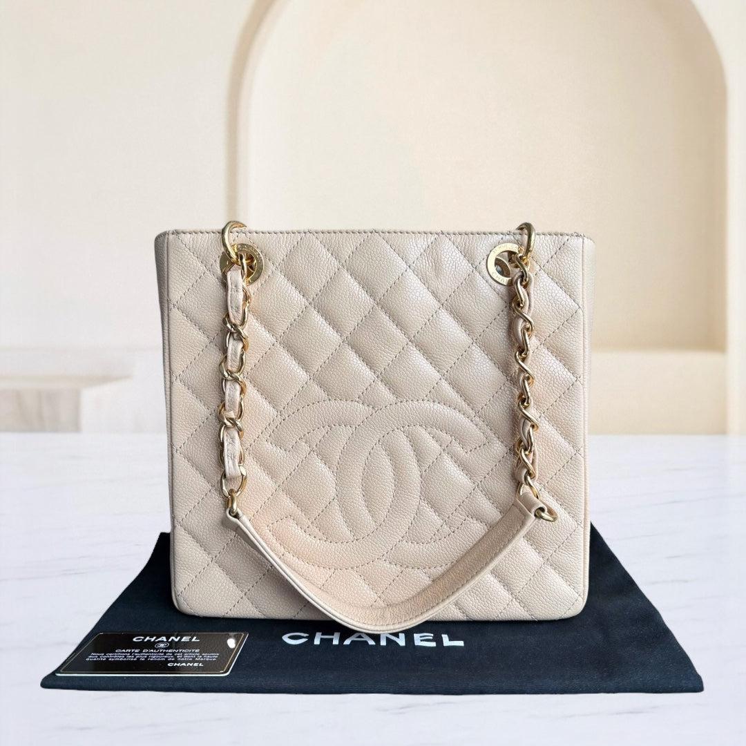 Chanel PST Petite Shopping Tote - Caviar Quilted Grained Calfskin Light Beige Gold Hardware Series 15