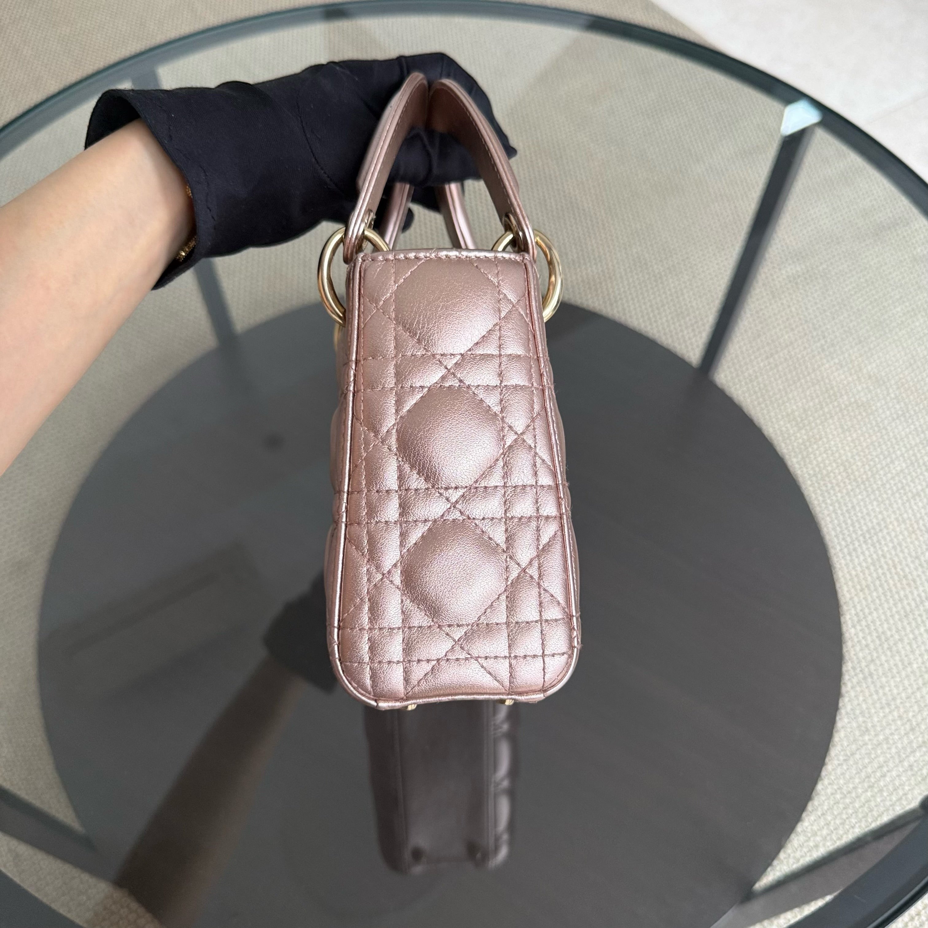 Dior Lady Mini - Cannage Rose Calfskin Gold Hardware Chain Strap