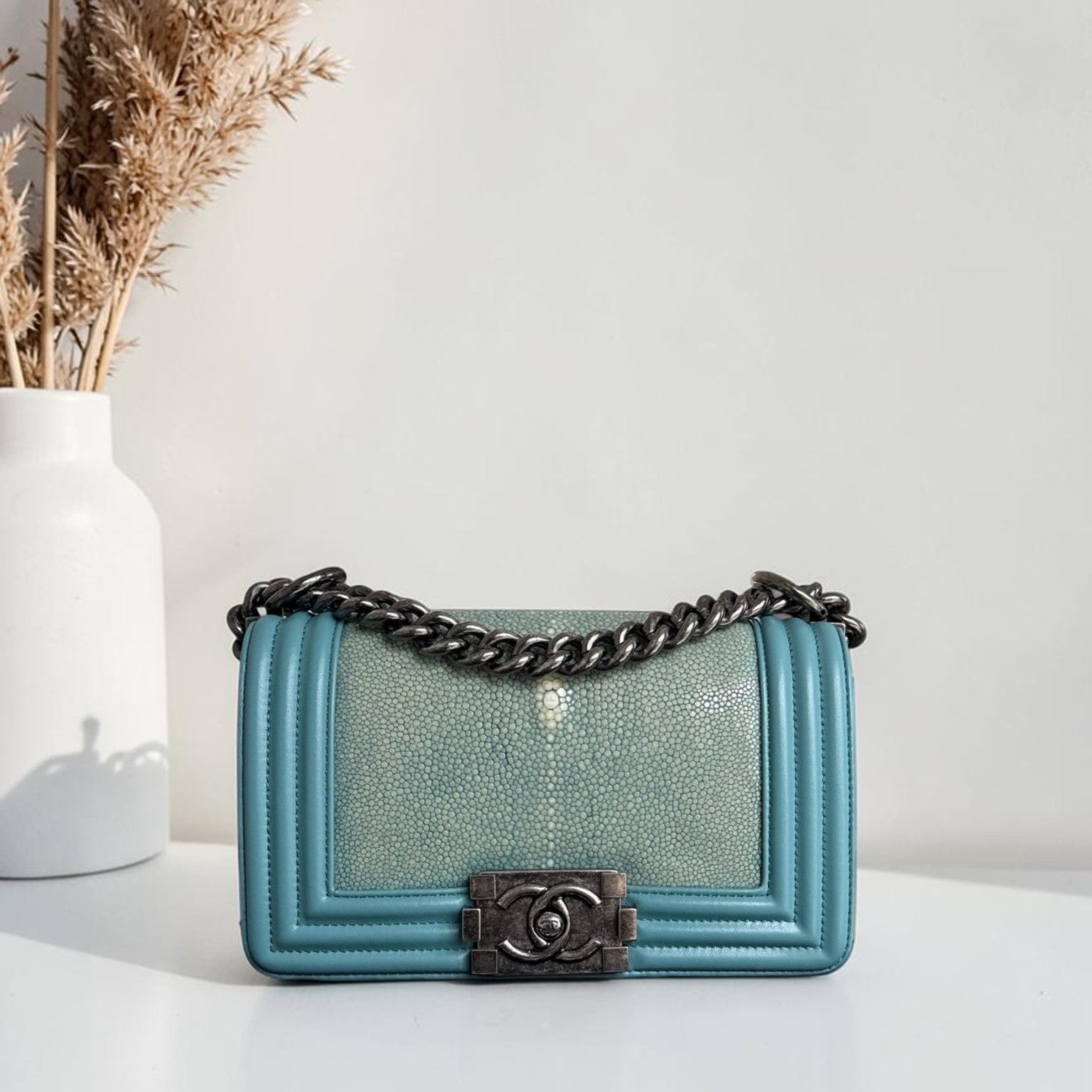 Chanel Boy Small - 20CM Stingray Tiffany Blue Silver Hardware Series 22