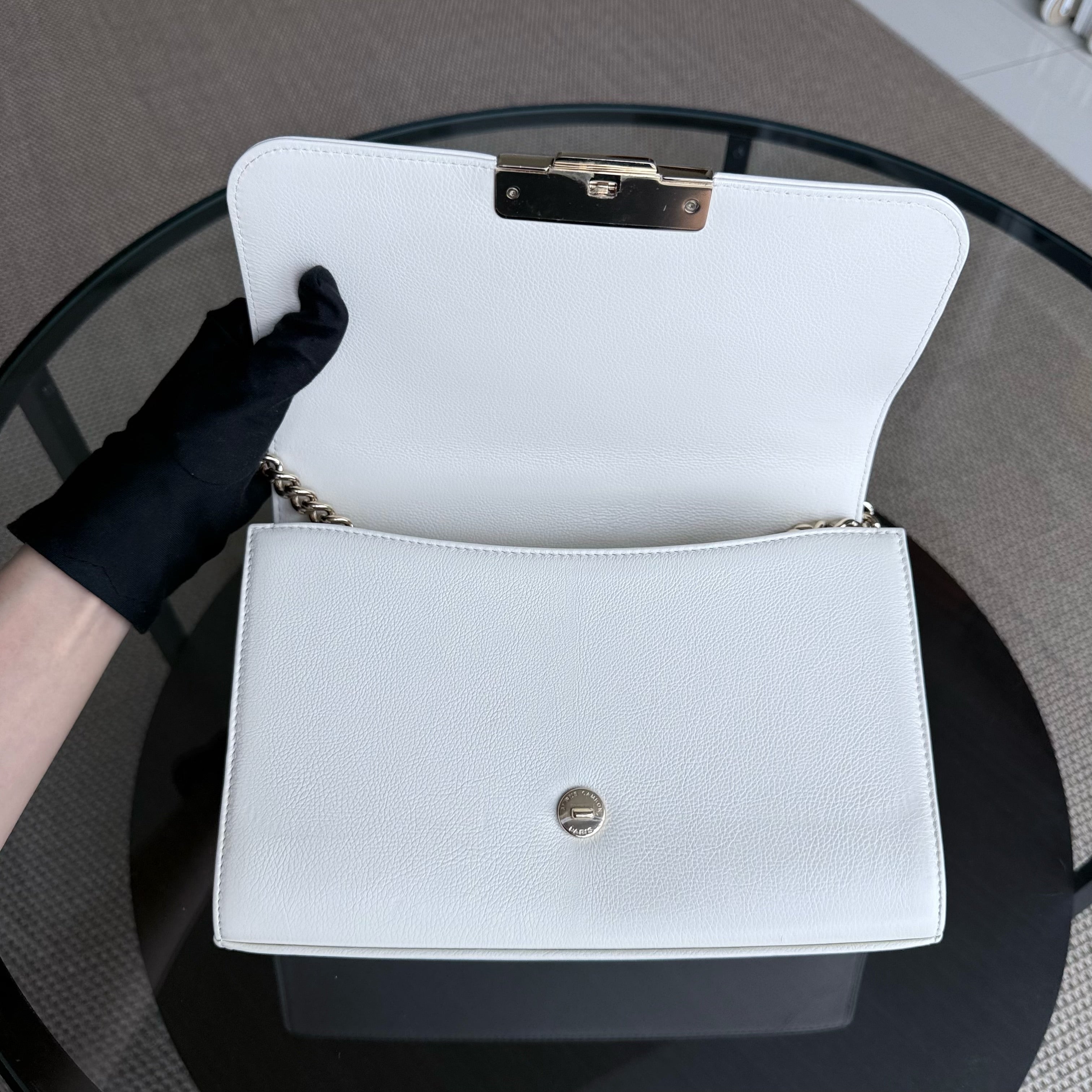 Chanel Label Click Medium - 25CM Quilted Calfskin White Gold Hardware Series 23