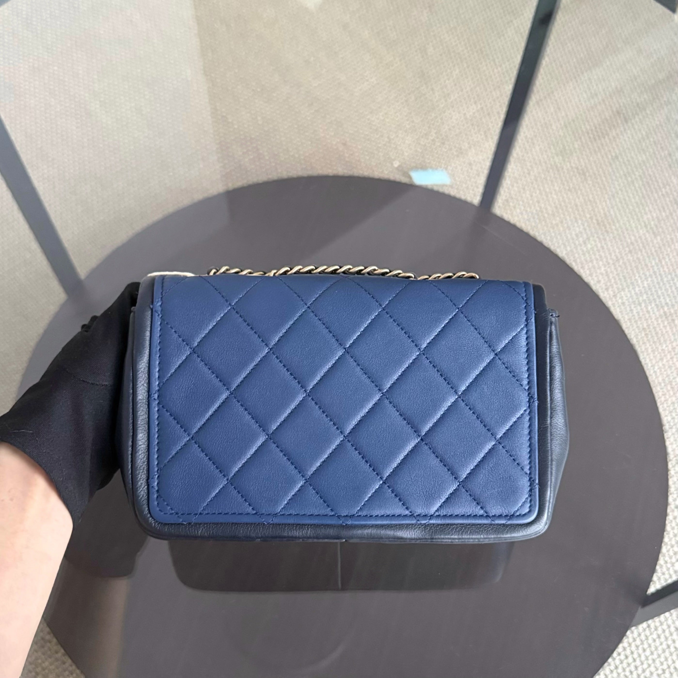 Chanel Seasonal Flap Small - 23CM Quilted Lambskin Bi-Color Blue Black Gold Hardware