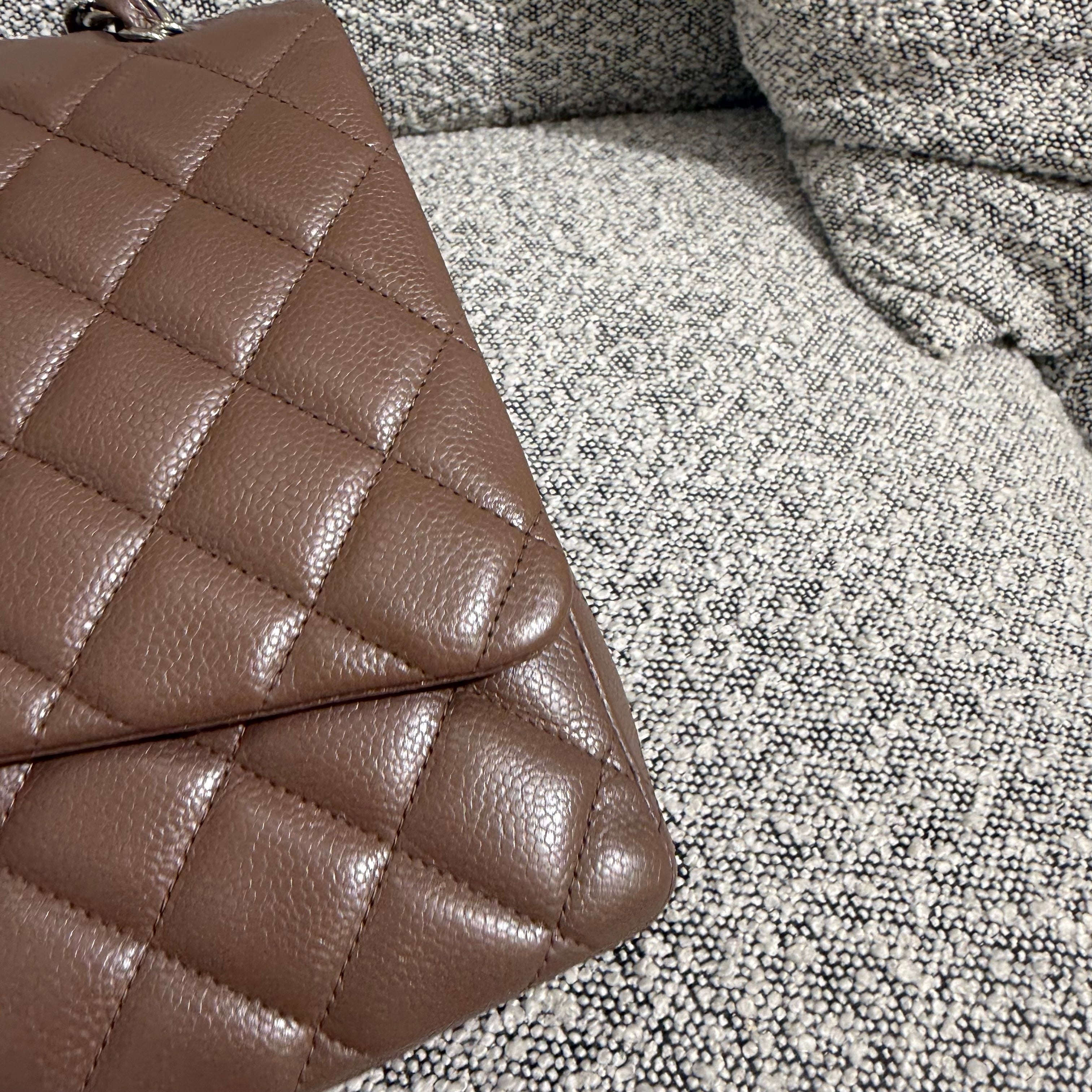 Chanel Classic Flap Maxi - Caviar 33CM Single Flap Quilted Brown Silver Harware
