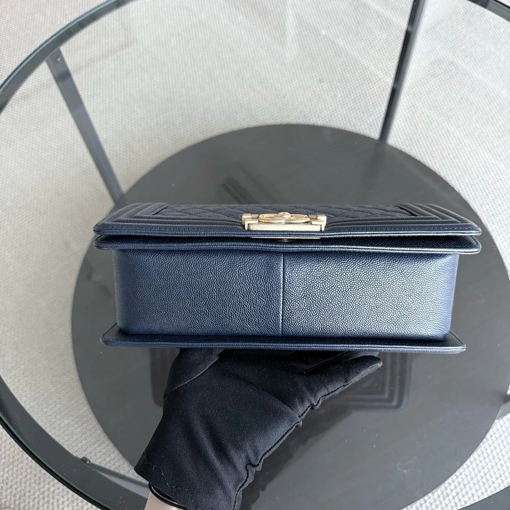 Chanel Boy Medium - Caviar 25CM Quilted Dark Blue Gold Hardware Series 25