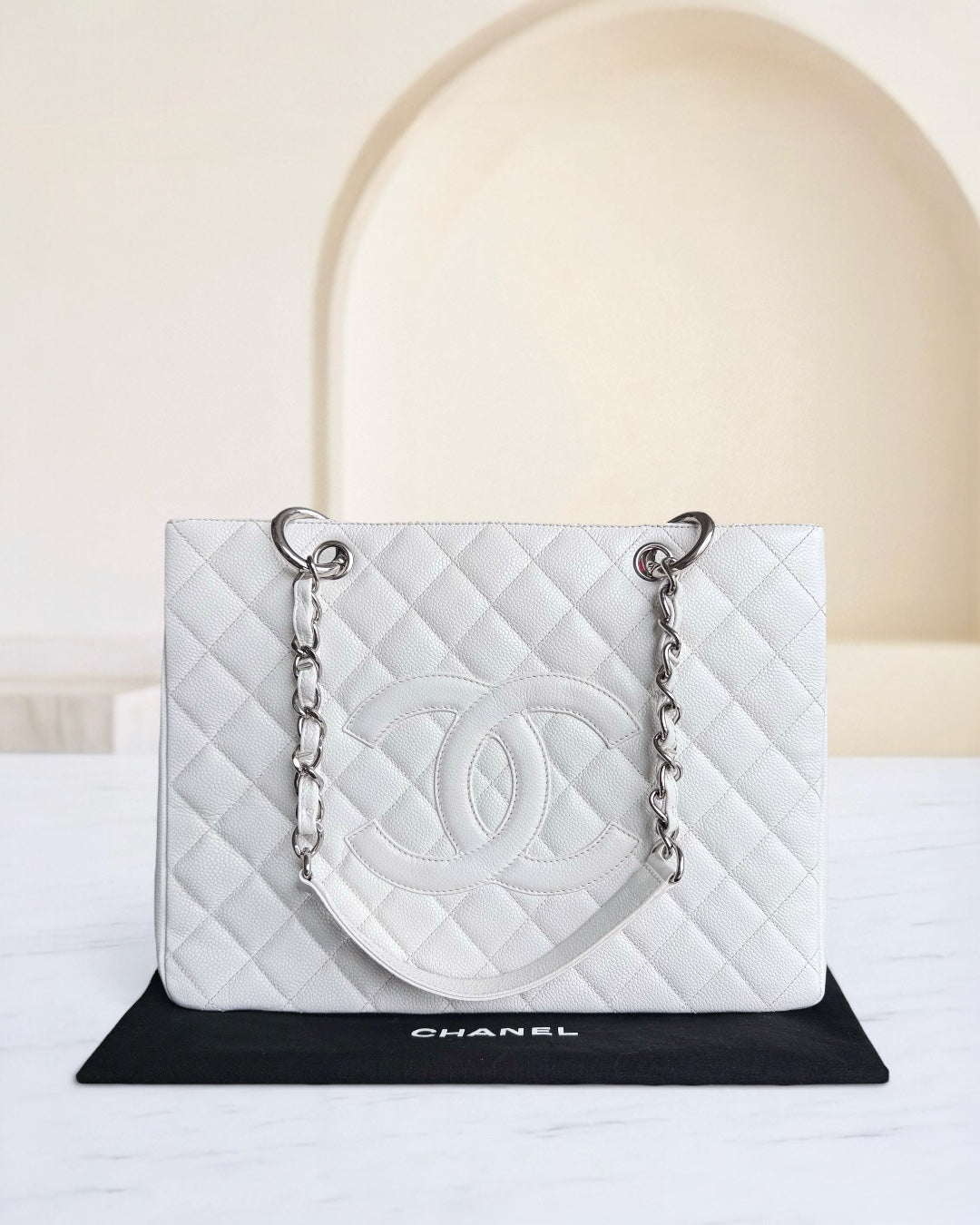 Chanel GST Grand Shopping Tote - Caviar Quilted White Silver Hardware