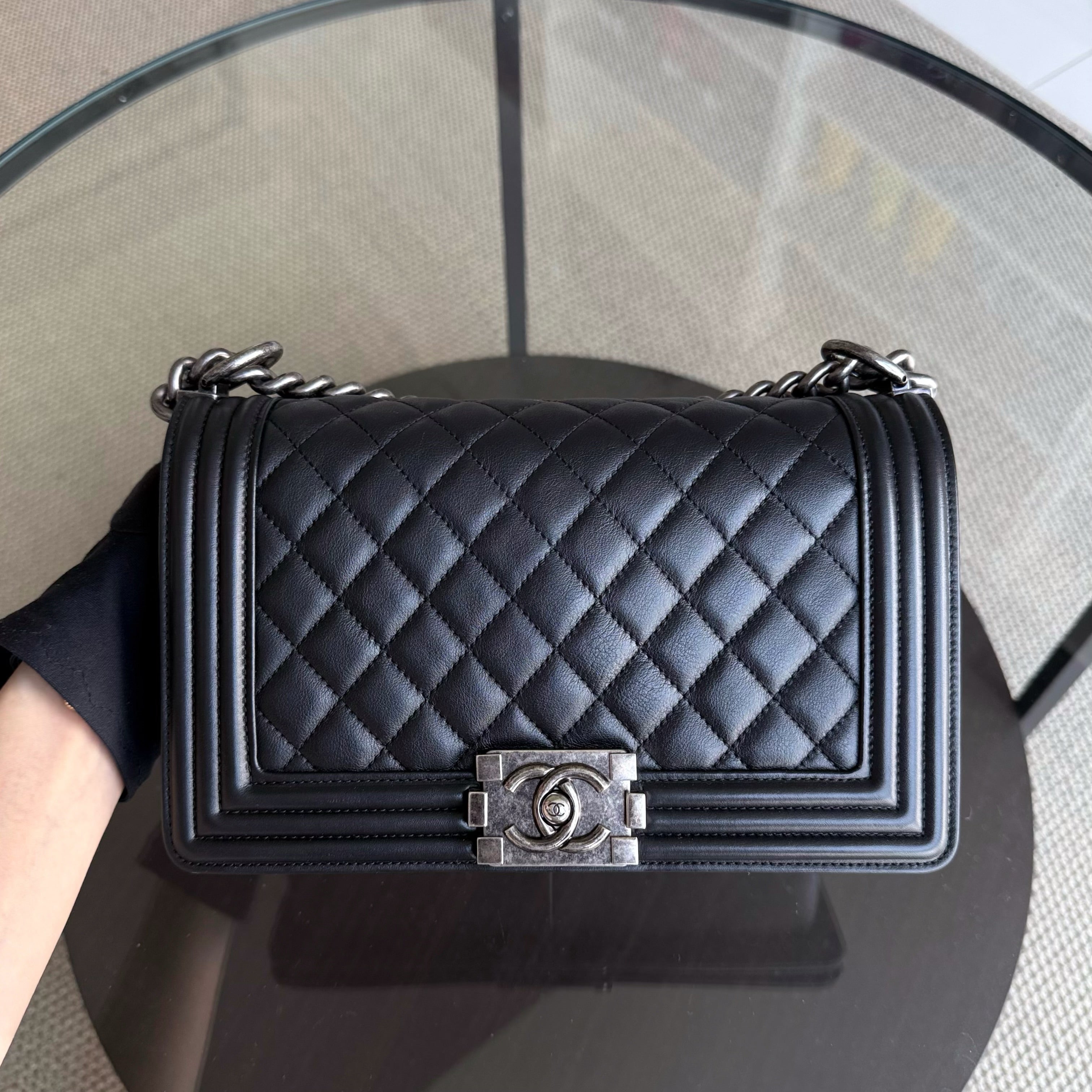 Chanel Boy Medium - 25CM Quilted Calfskin Black Ruthenium Silver Hardware Series 20