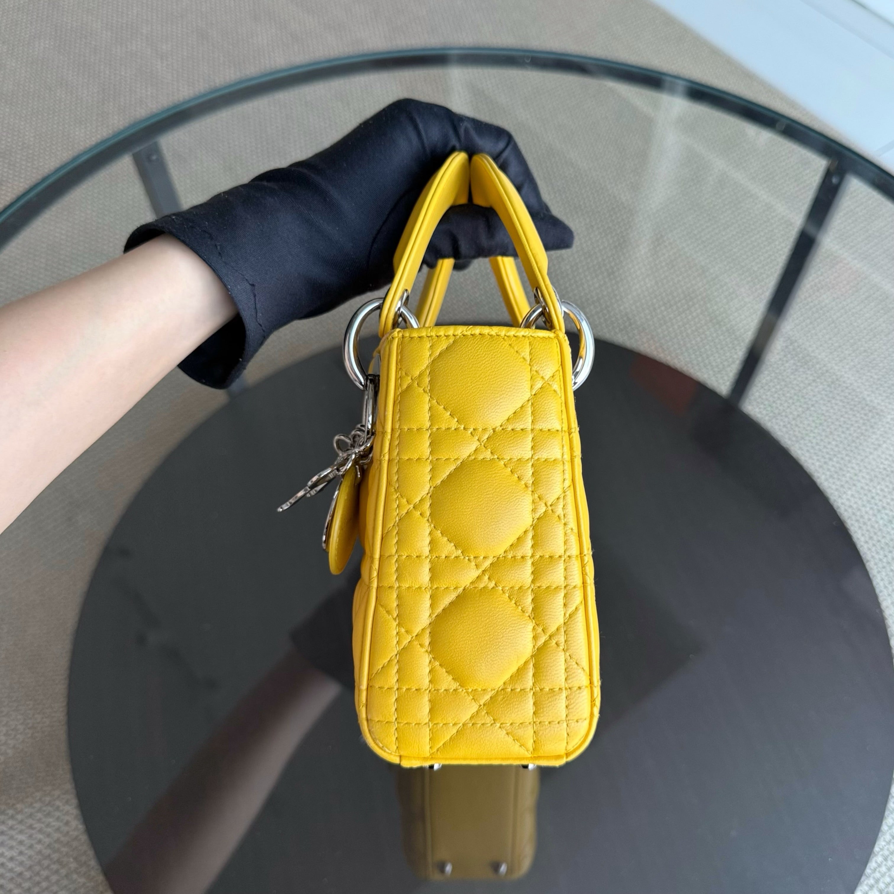 Dior Lady Mini Flap - Cannage Lambskin Yellow Silver Hardware Chain Strap Silver Hardware