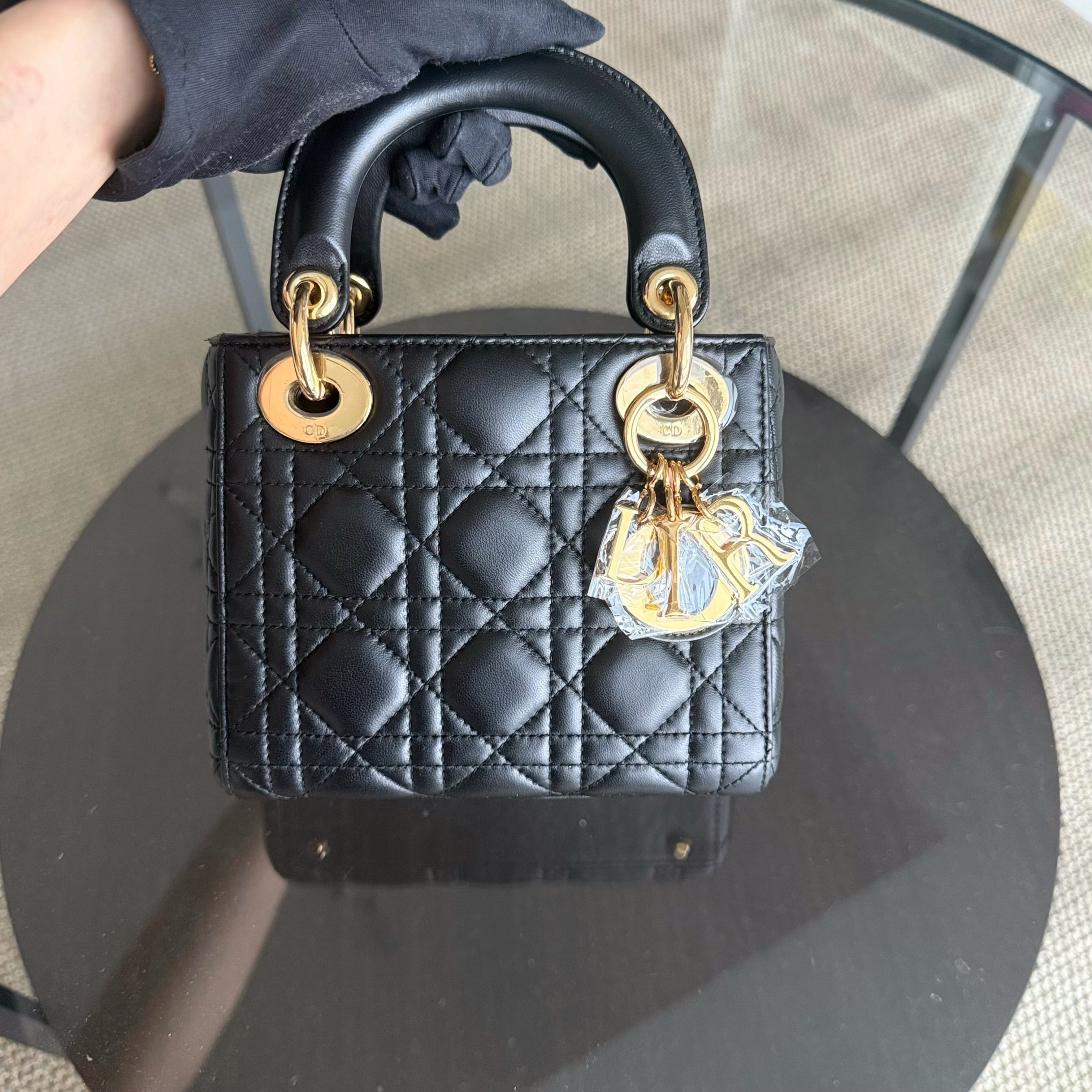 Dior Lady Mini - Cannage Lambskin Black Gold Hardware Adjustable Strap
