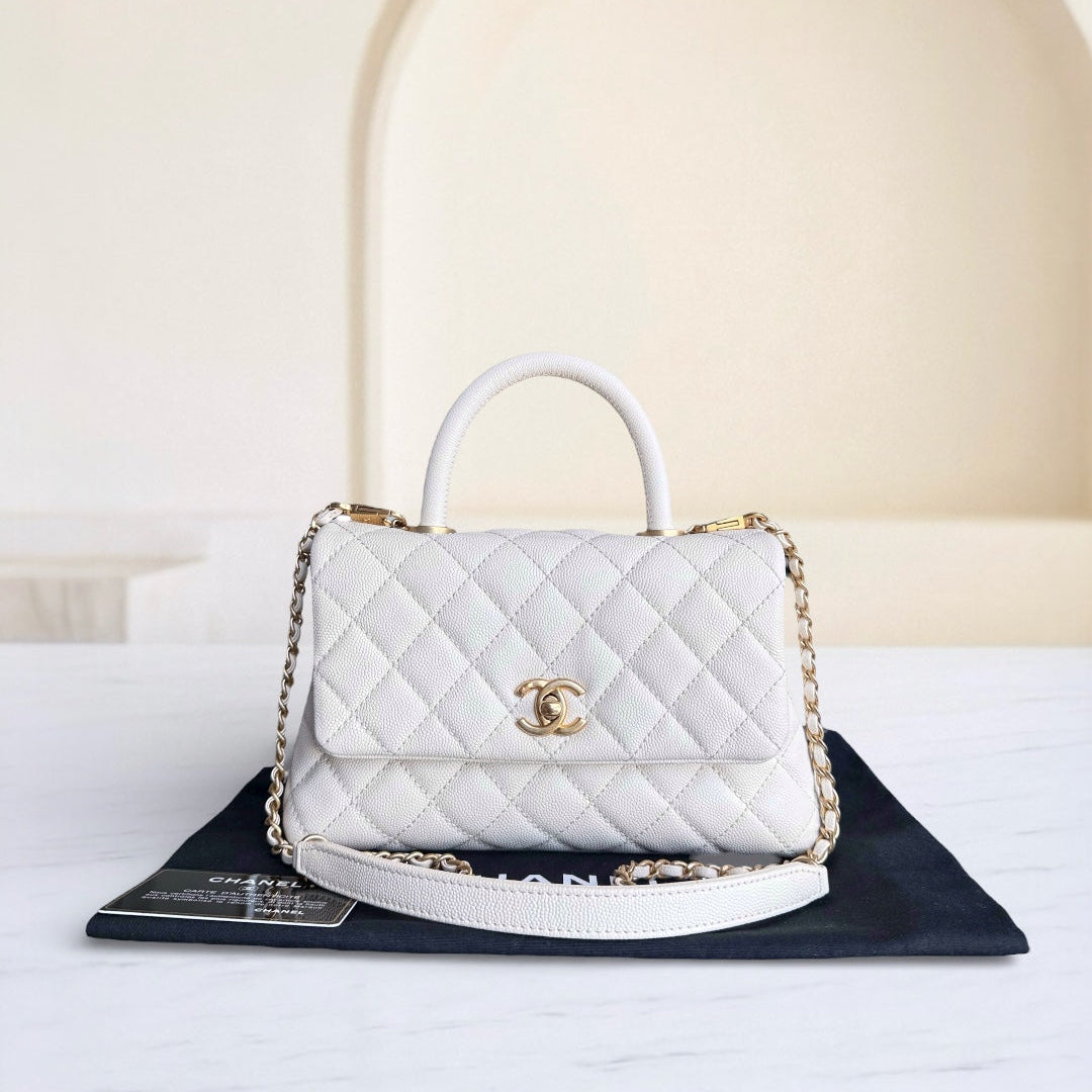 Chanel Coco Handle Small - Caviar Quilted White Gold Hardward 24