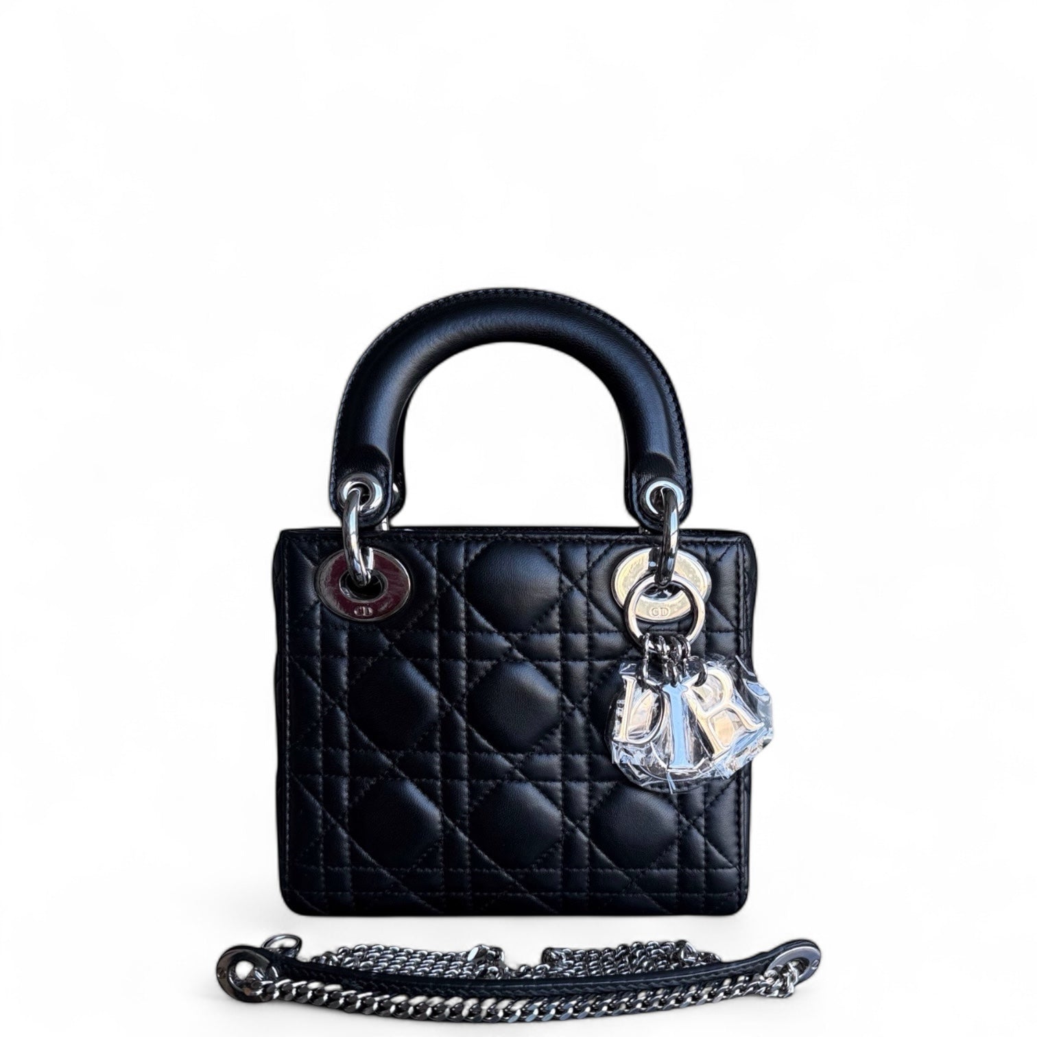 Dior Lady Mini - Cannage Lambskin Black Silver Hardware Chain Strap