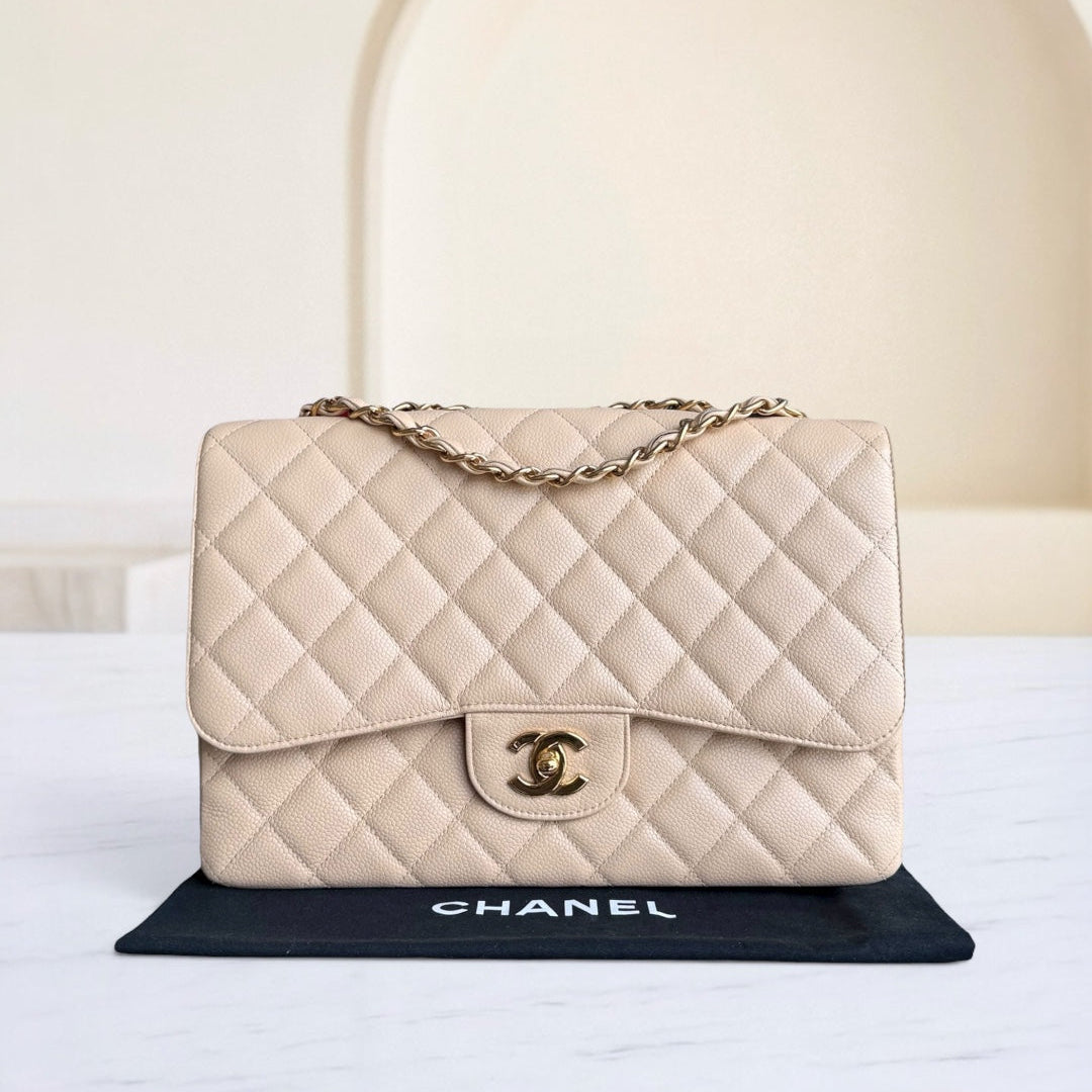 Chanel Classic Flap Jumbo - Caviar 30CM Single Flap Quilted Beige Gold Hardware Series 12