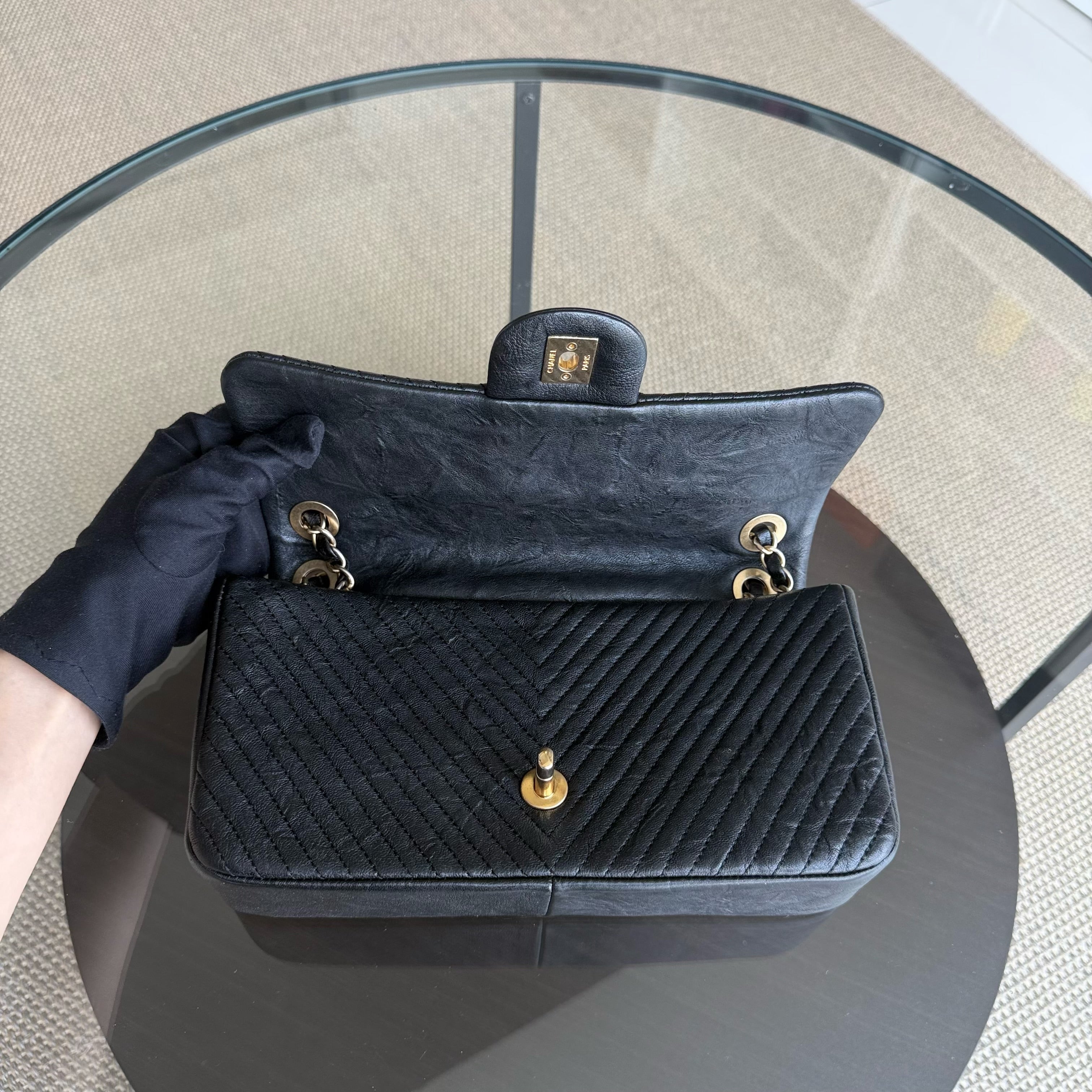 Chanel Seasonal Flap - Chevron Surpique CC Herringbone Medallion Calfskin Flap Black Gold Hardware Series 22