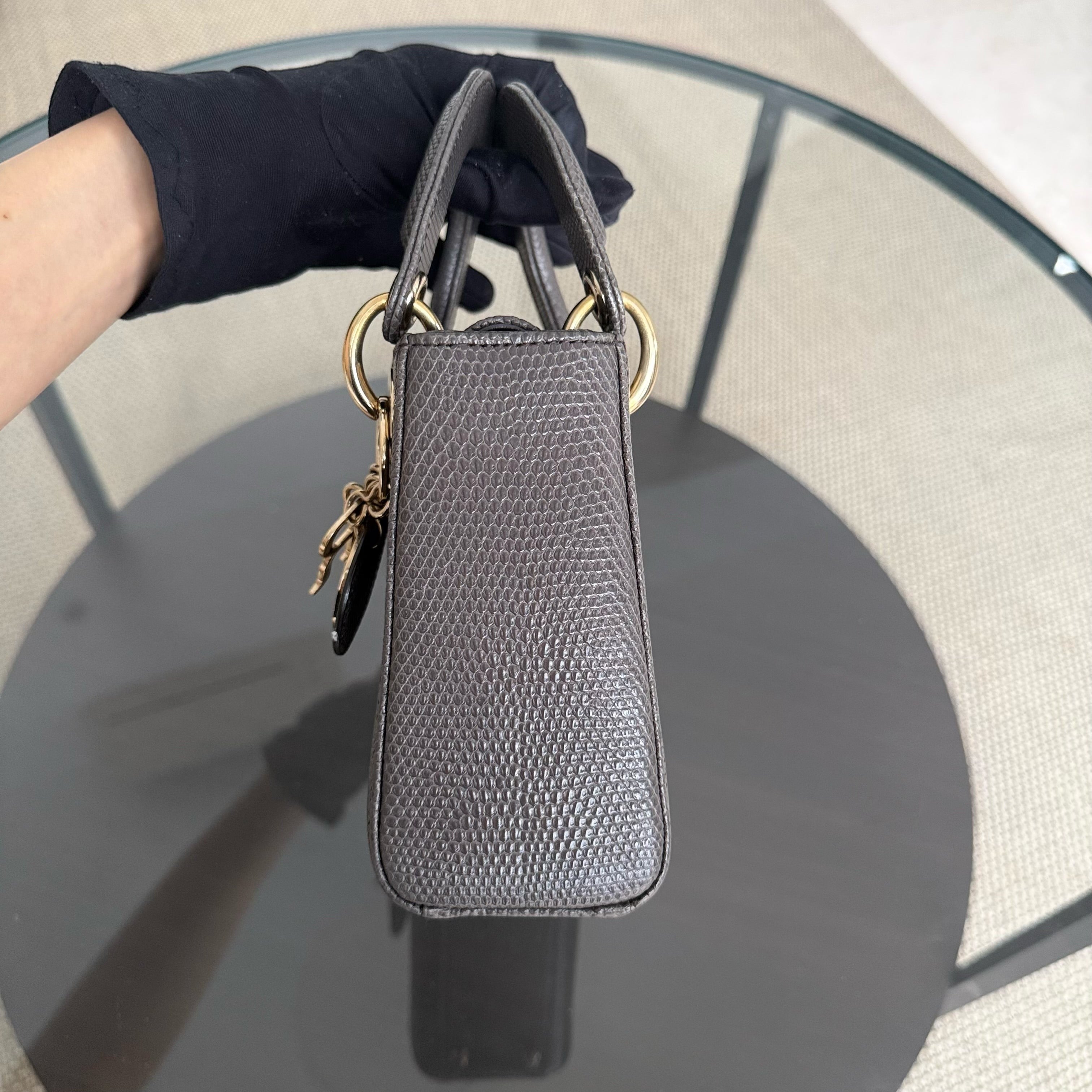 Dior Lady Mini - Exotic Lizard Dark Gray Grey color Gold Hardware