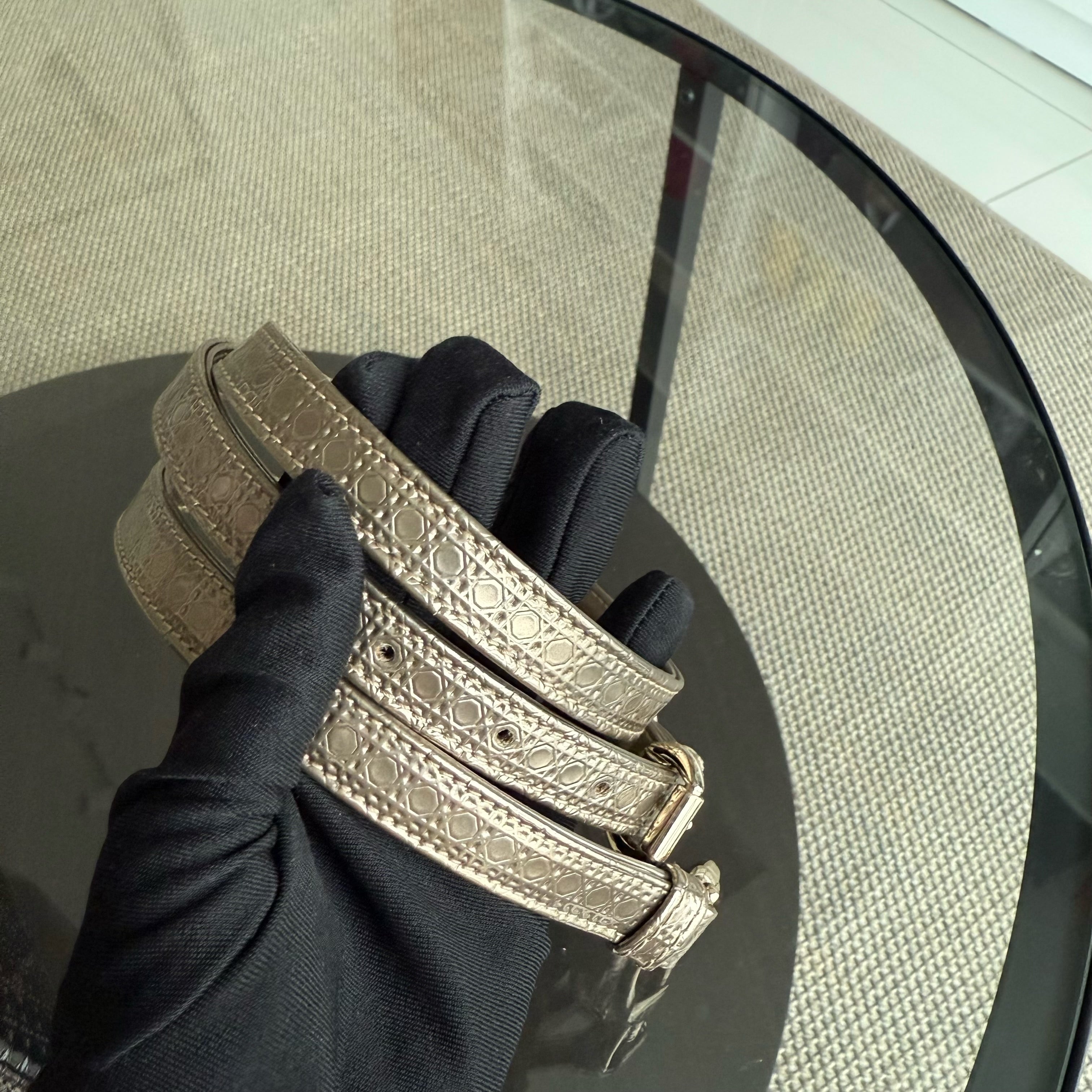 Dior Lady Mini - Calfskin Micro-Cannage Metallic Gold Gold Hardware Adjustable Strap