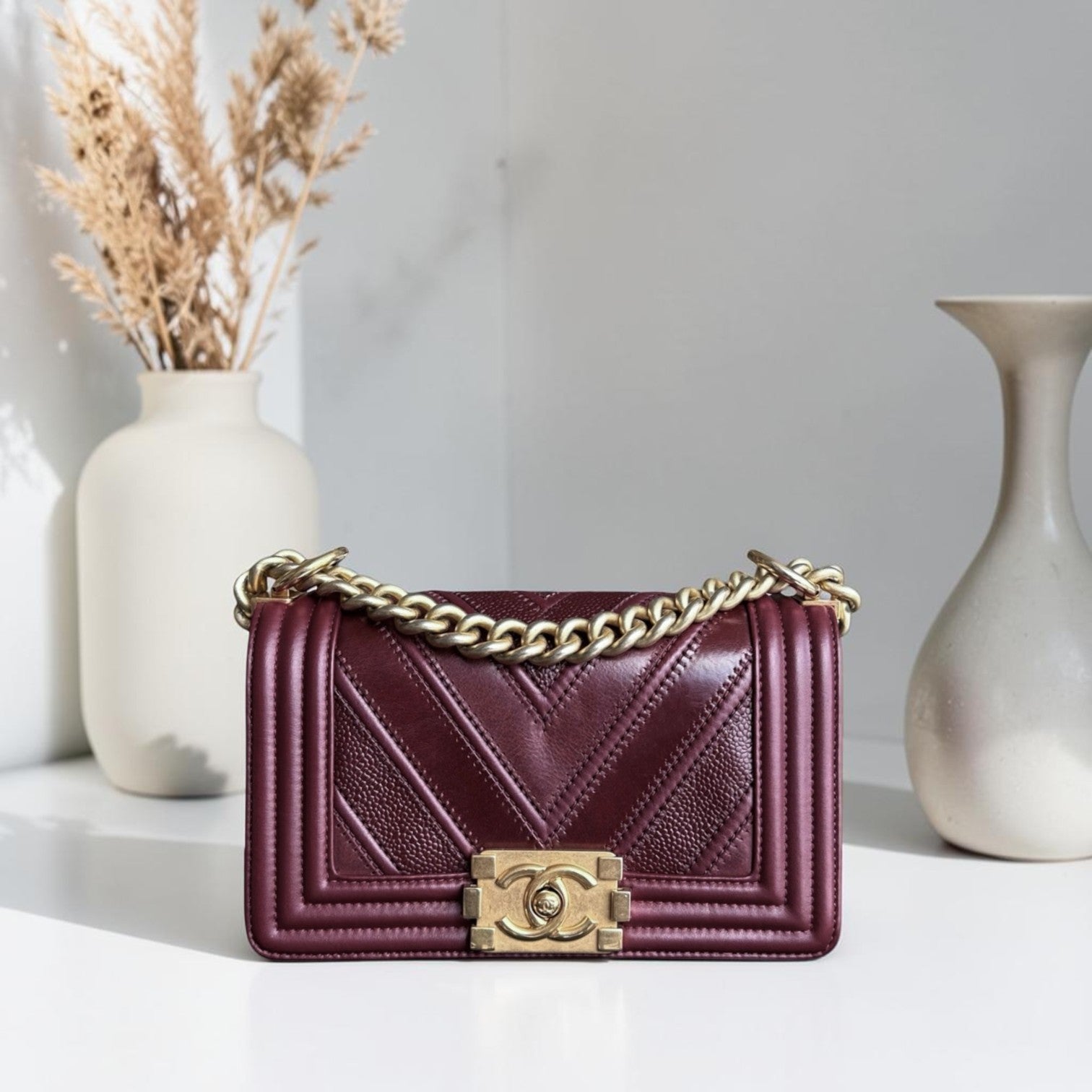 Boy Small 20CM Chevron Tri-skin Calfskin Burgundy GHW No 22