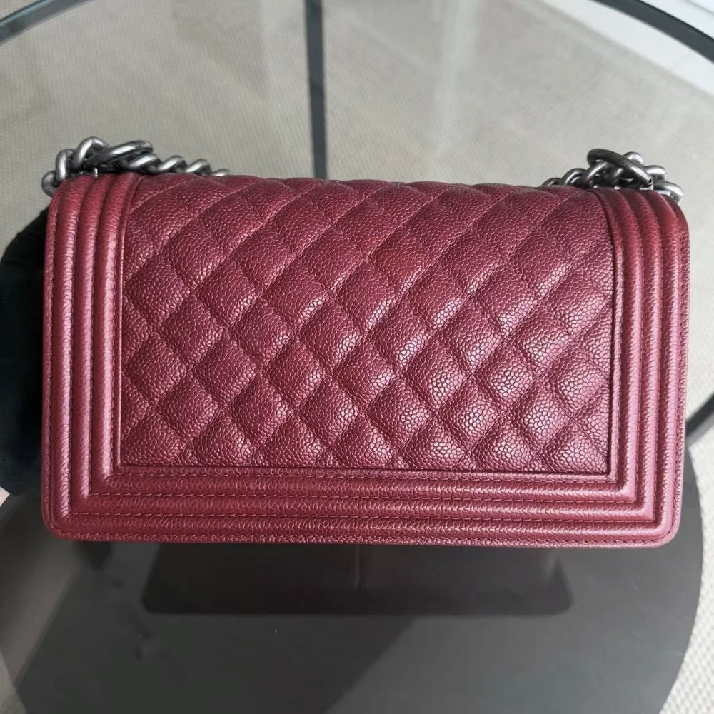 Chanel Boy Medium - Caviar 25CM Quilted Burgundy Dark Red Ruthenium Silver Hardware Series 19