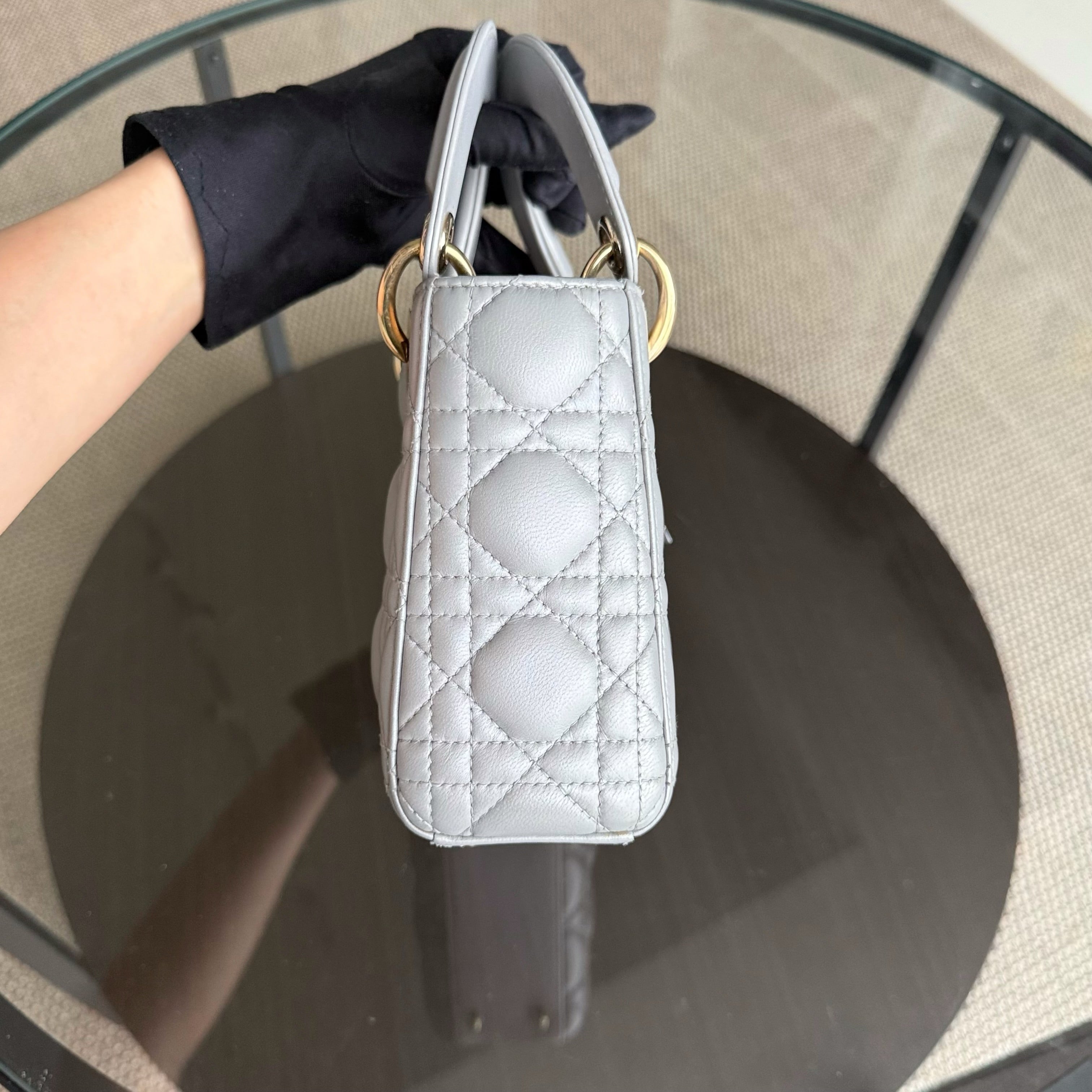 Dior Lady Mini - Cannage Lambskin Gray Gold Hardware Chain Strap