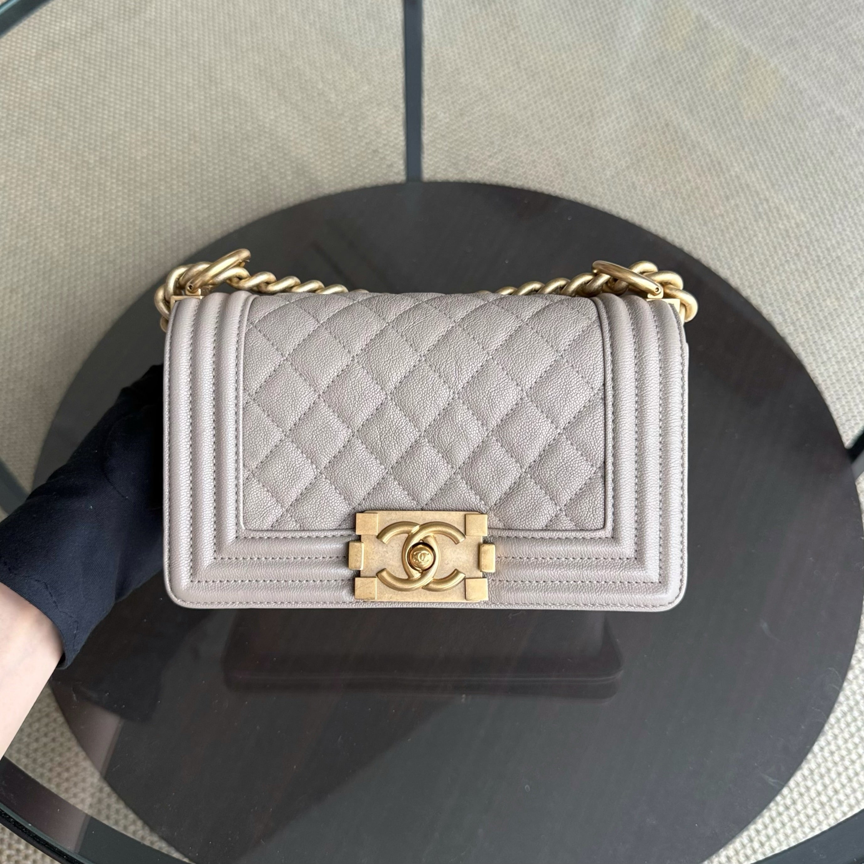 Chanel Boy Small - Caviar 20CM Quilted Grained Calfskin Grey Gray Gold Hardware Series 26