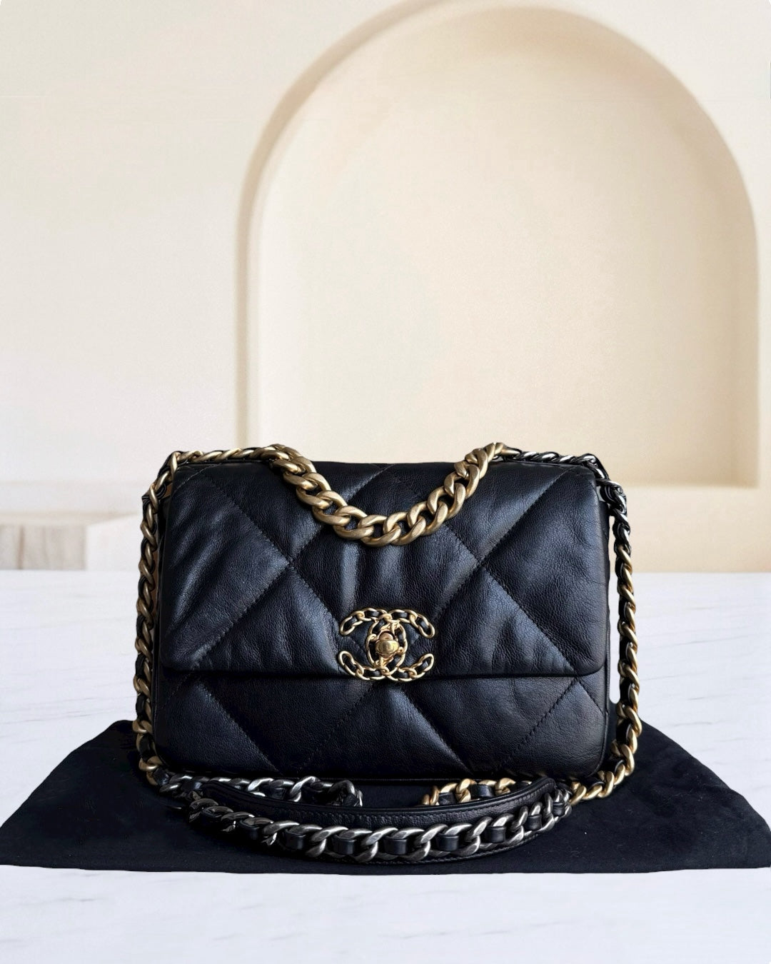Chanel 19 Bag Small C19 - Quilted Goatskin Black Gold Two-tone Hardware Series 30