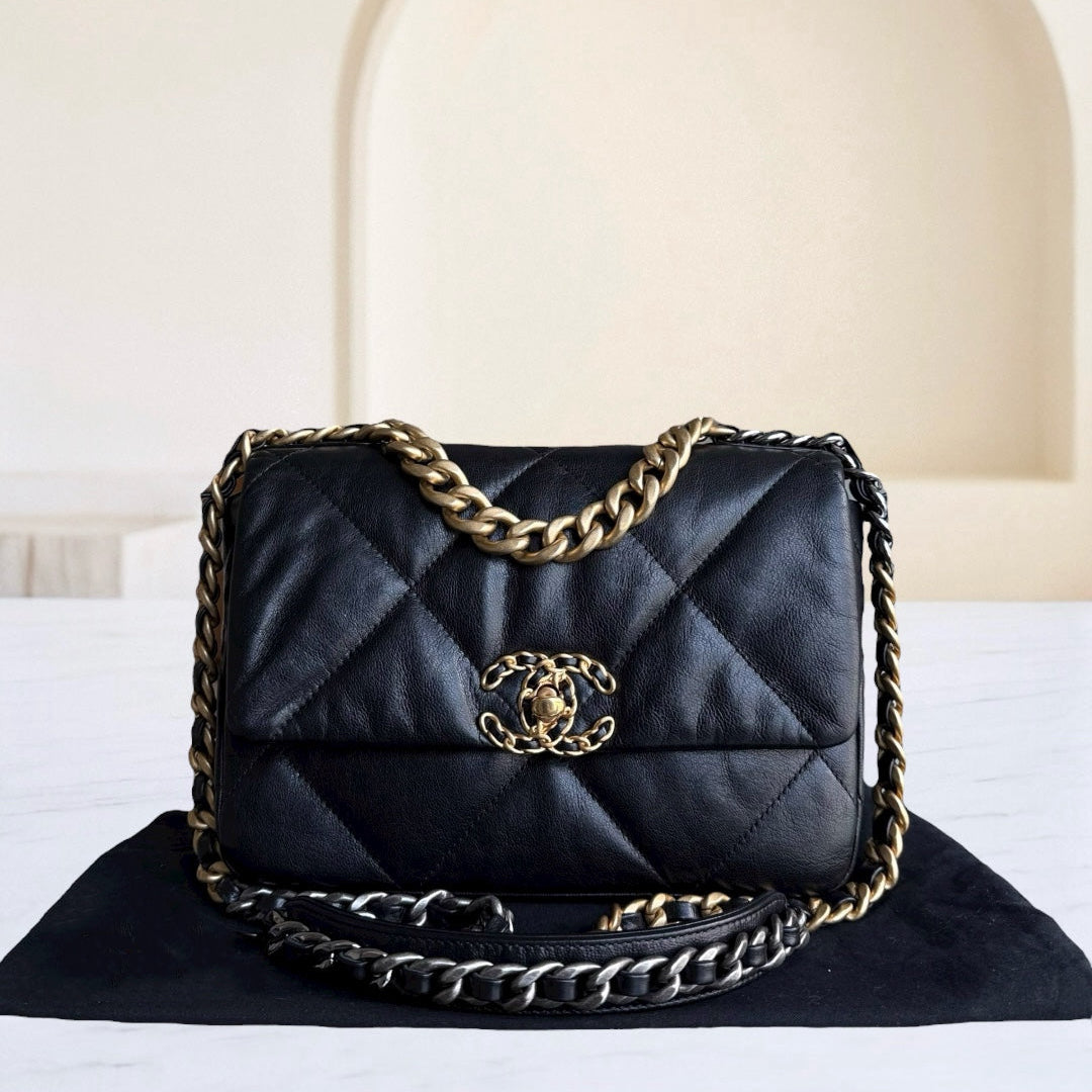 Chanel 19 Bag Small C19 - Quilted Goatskin Black Gold Two-tone Hardware Series 30