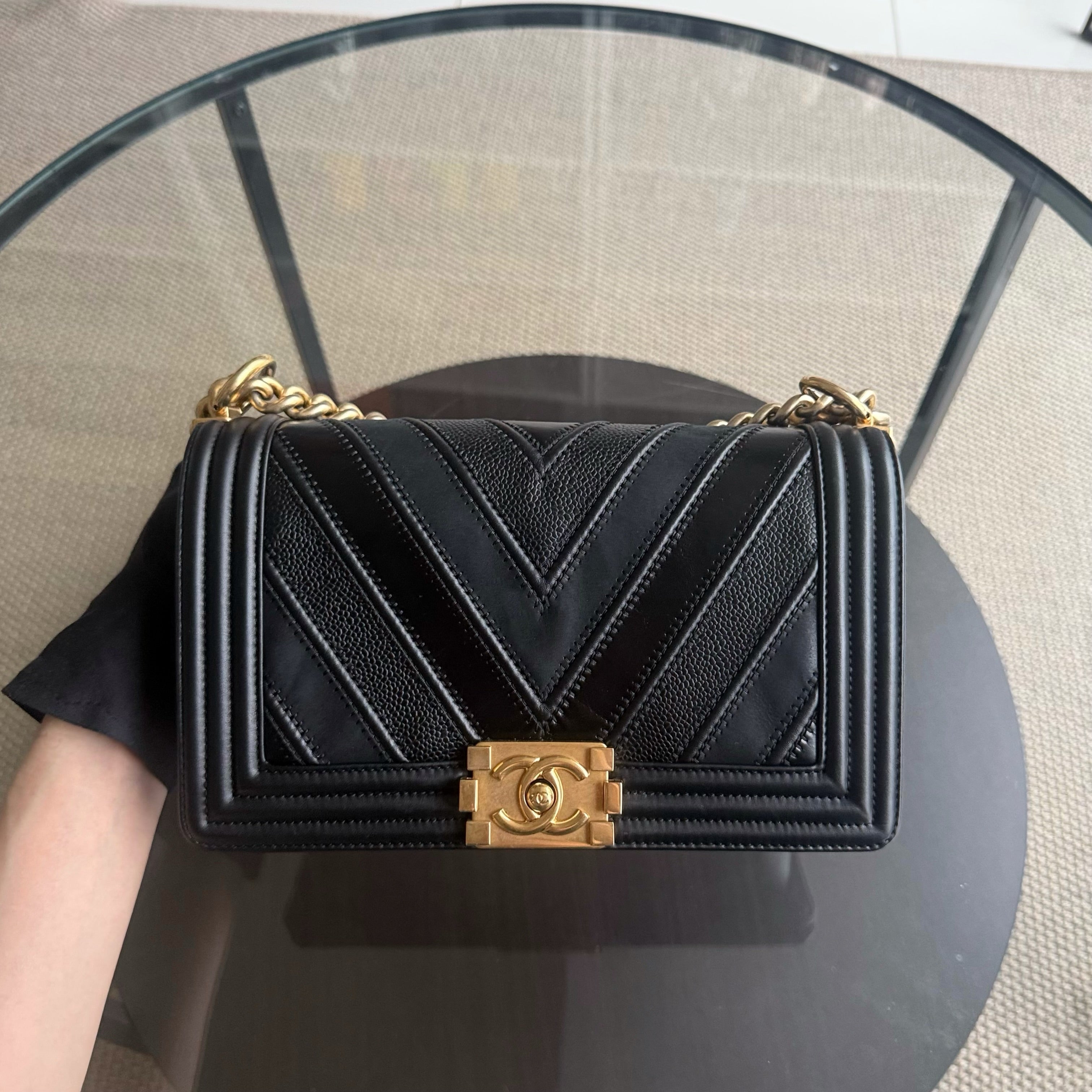 Chanel Boy Medium - 25CM Quilted Calfskin Black Gold Hardware Series 22