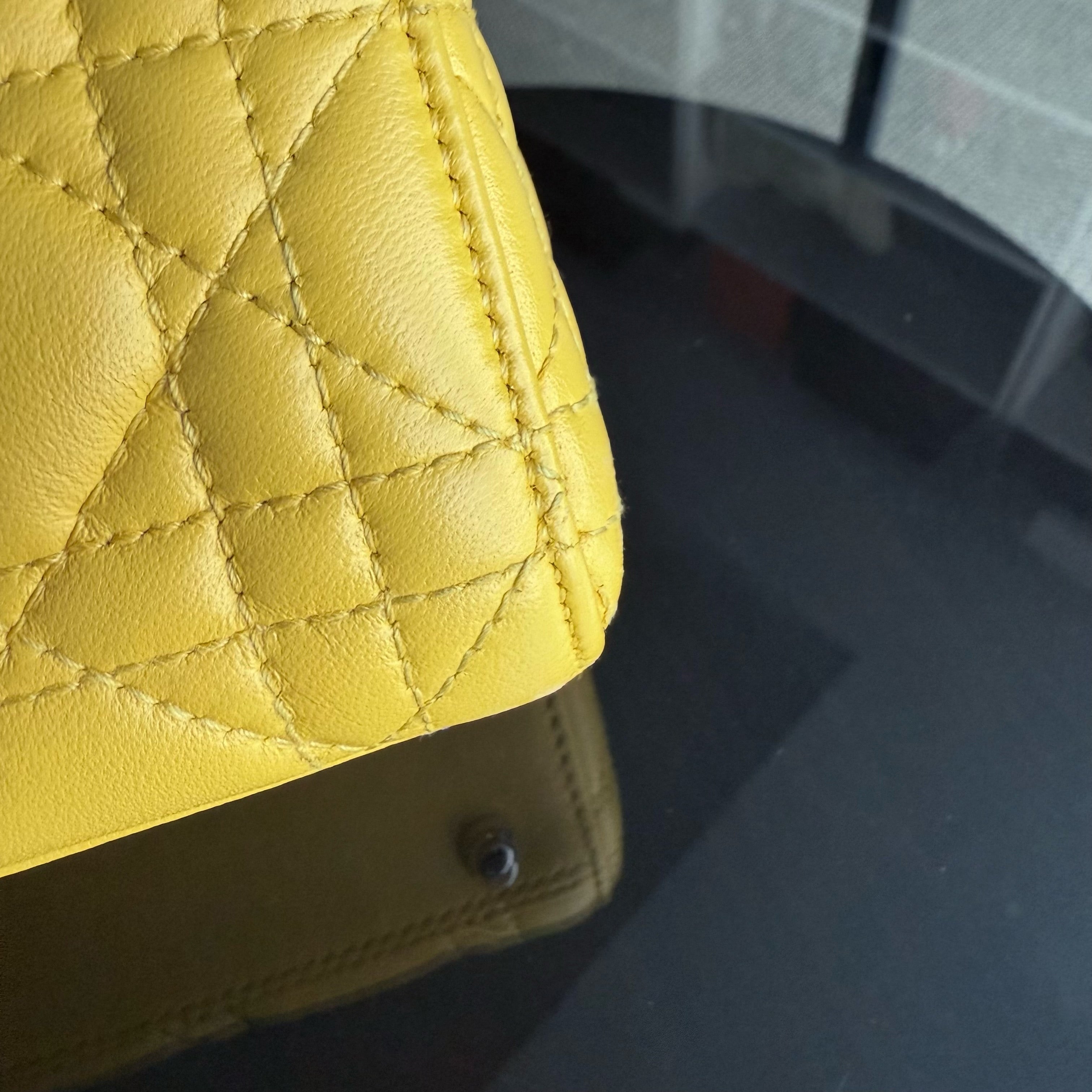 Dior Lady Mini Flap - Cannage Lambskin Yellow Silver Hardware Chain Strap Silver Hardware