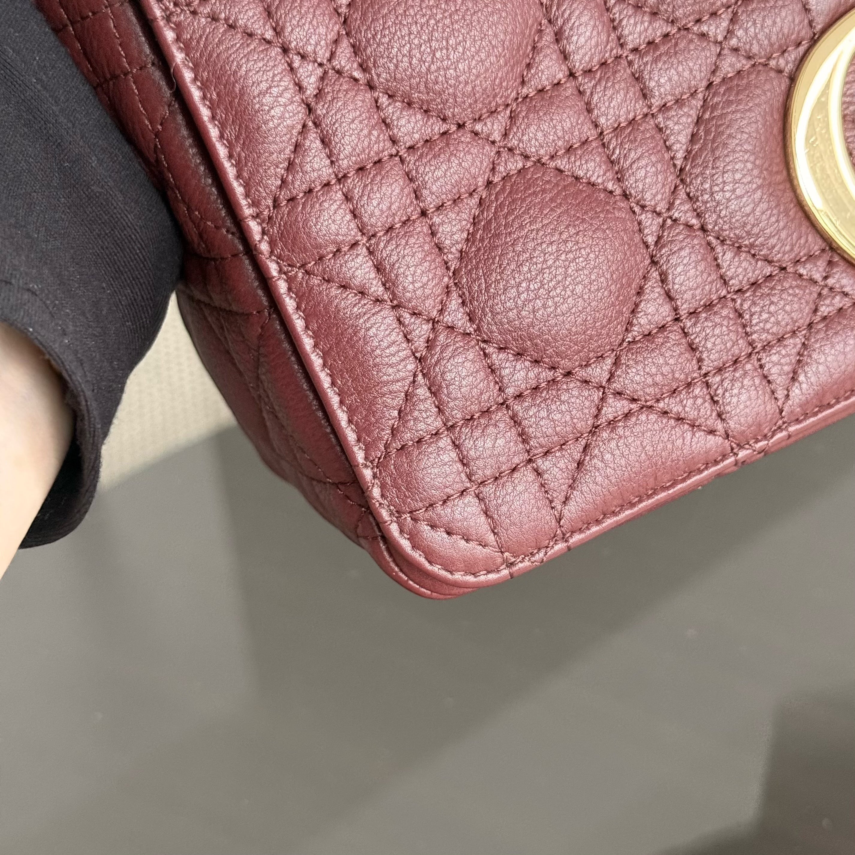 Dior Caro Medium - Cannage Grained Calfskin Burgundy Gold Hardware