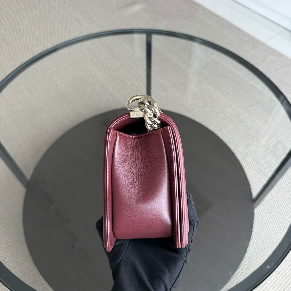 Chanel Boy Medium - 25CM Quilted Lambskin Burgundy Gold Hardware Series 22