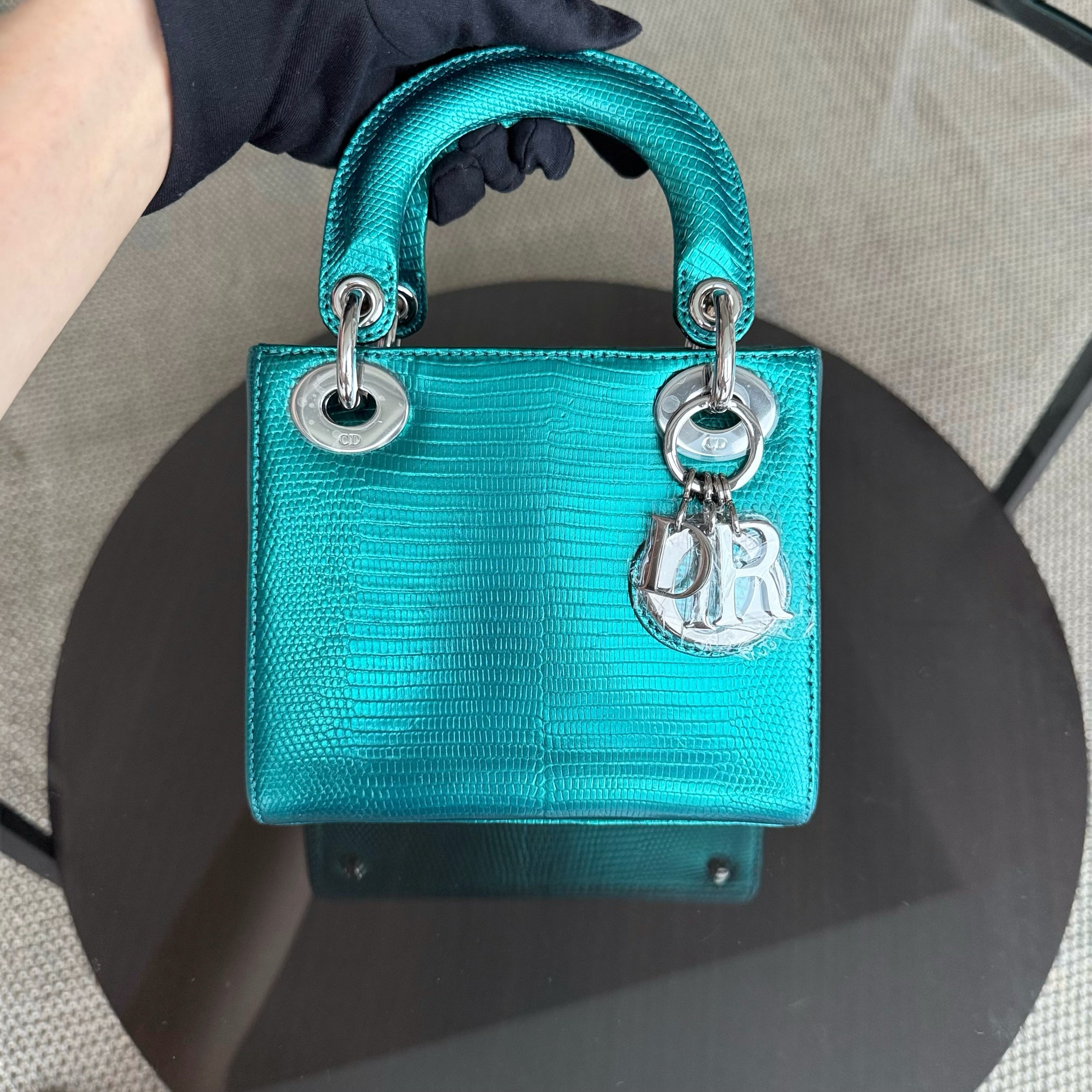 Dior Lady Mini - Exotic Lizard Green color Silver Hardware