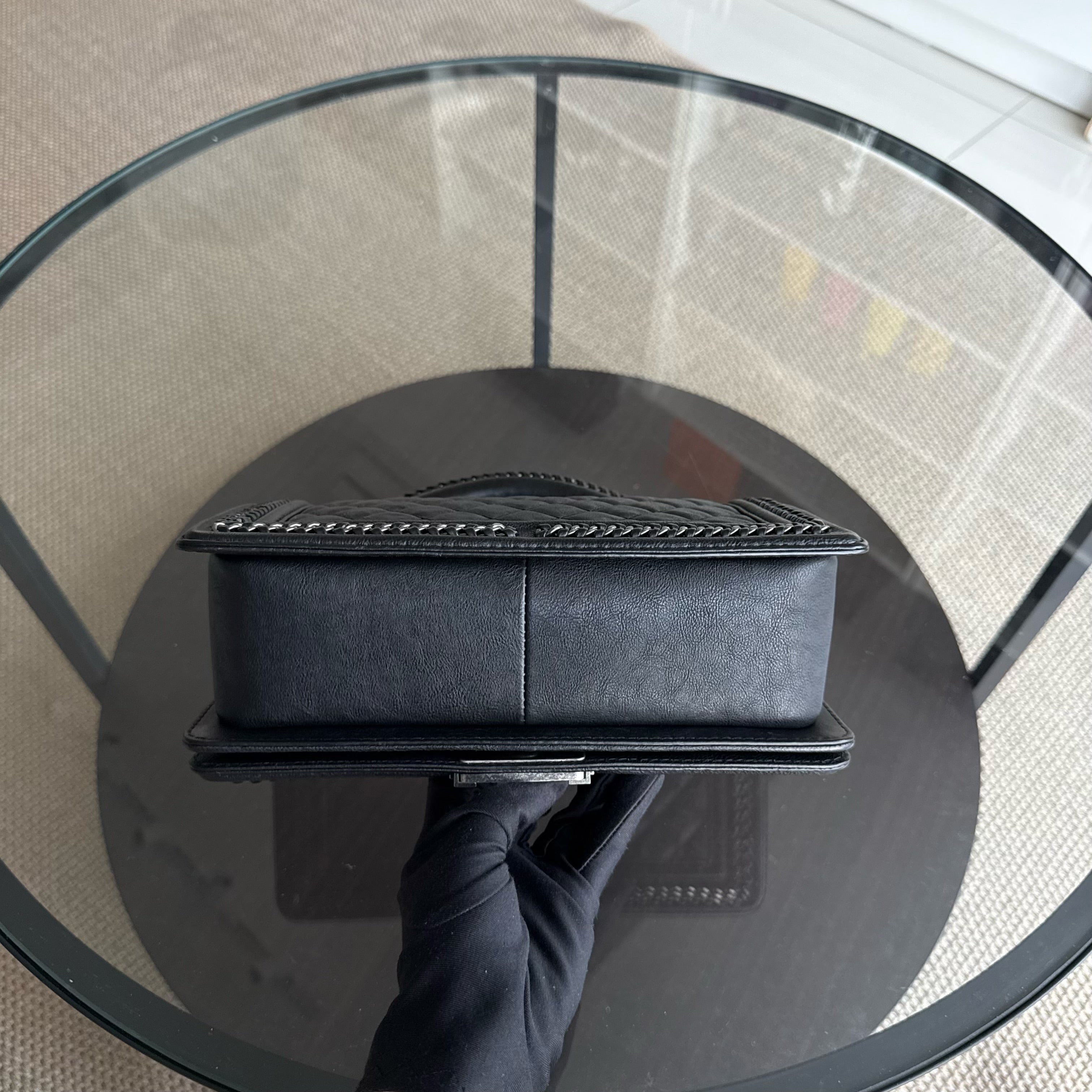 Chanel Boy Handle Old Medium 25CM Black Quilted Grained Calfskin With Handle Chain Around Ruthenium Silver Hardware Series 23