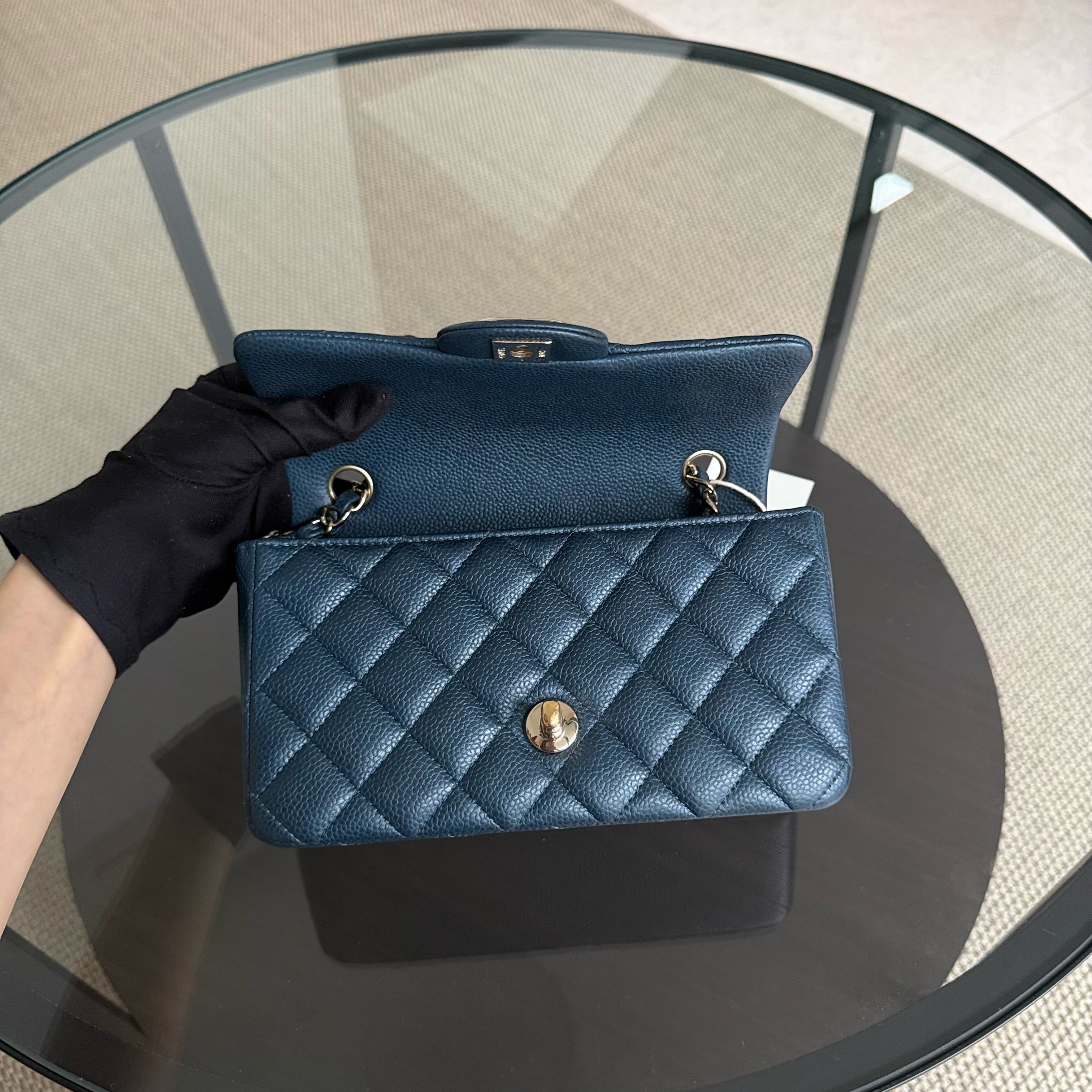 Chanel Caviar Mini Rectangle Classic Flap - 20CM Quilted Blue Gold Hardware Series 25