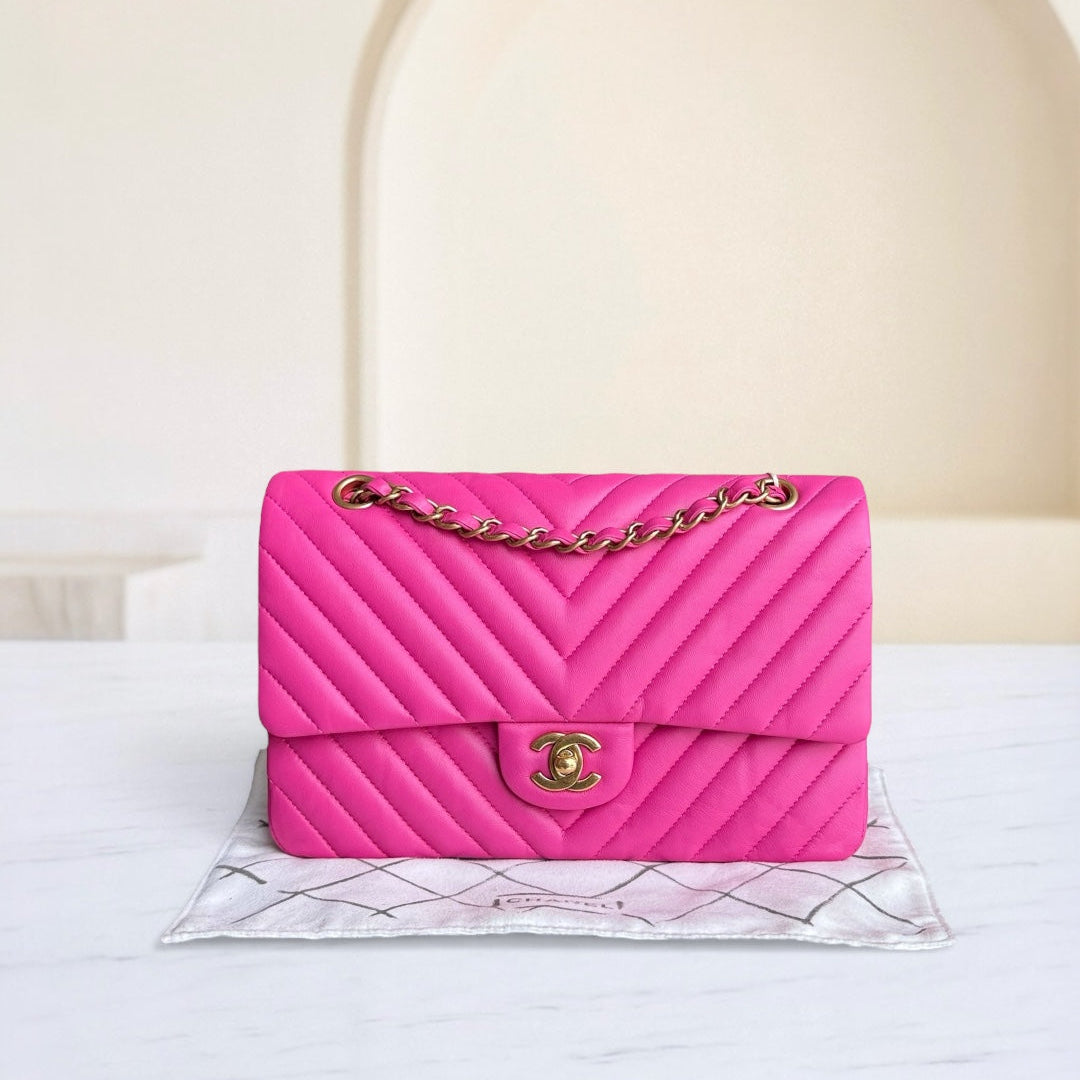 Chanel Classic Flap Medium - Chevron Lambskin Double Flap Hot Pink Gold Hardware Series 21
