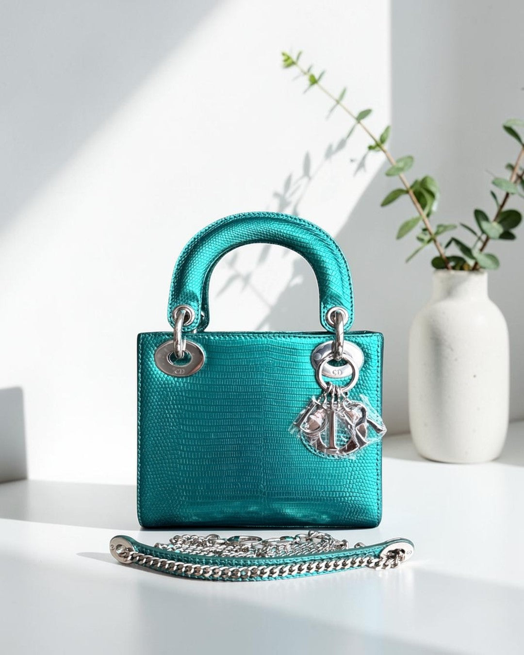 Dior Lady Mini - Exotic Lizard Green color Silver Hardware