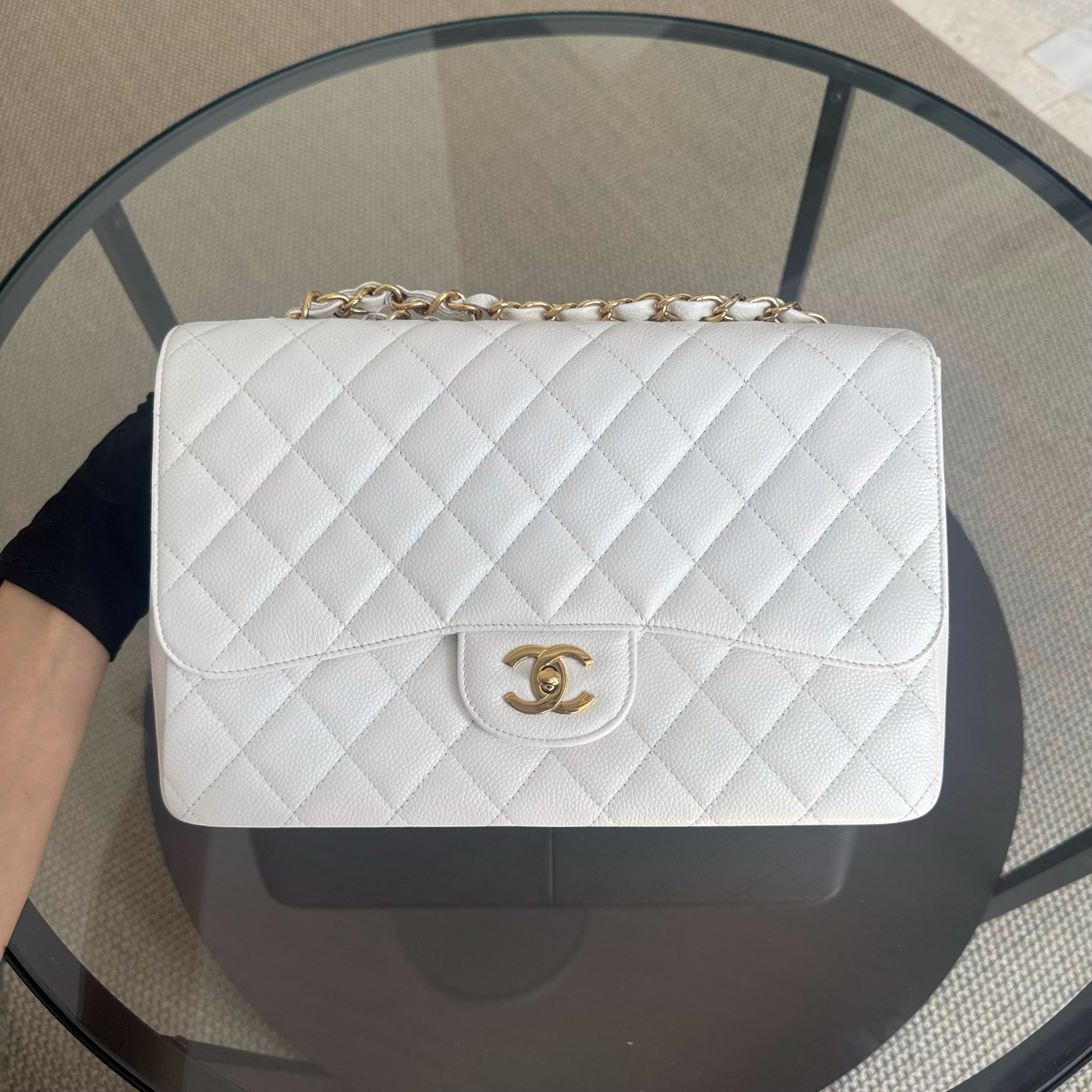 Chanel Classic Flap Jumbo - Caviar 30CM Single Flap Quilted White 24K Gold Hardware Series 11
