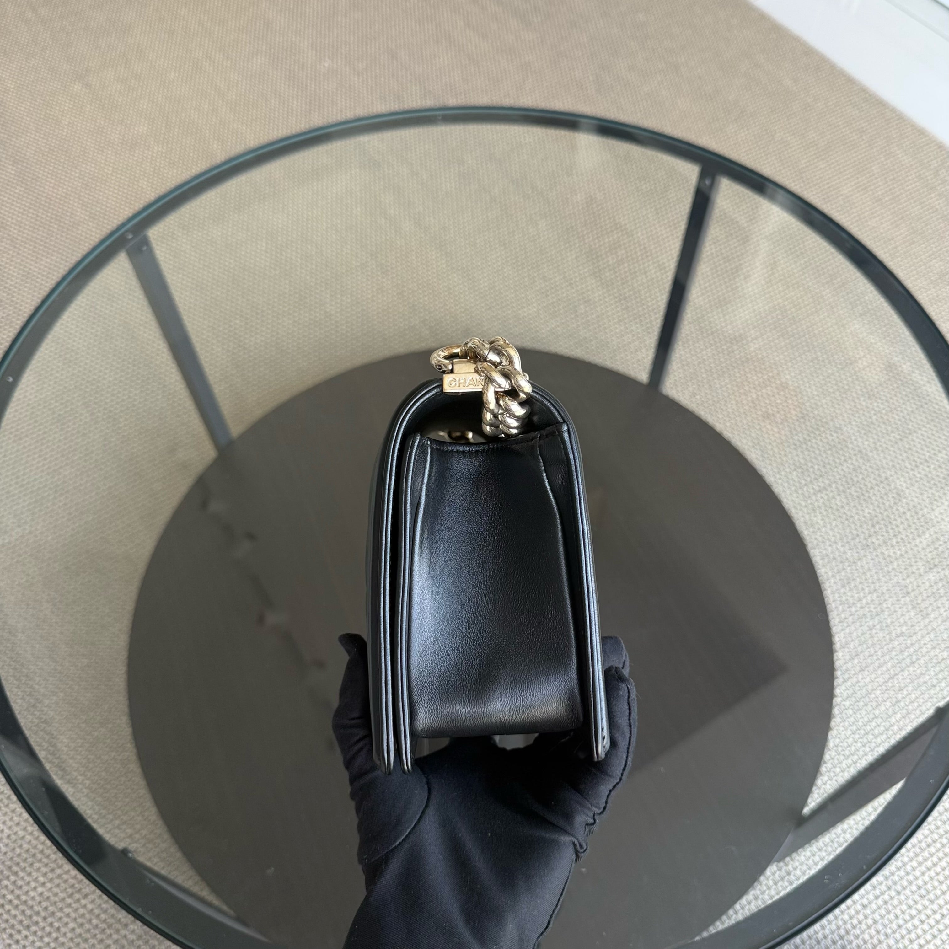 Chanel Boy Medium - 25CM Chevron Calfskin Black Aged Gold Hardware Series 23