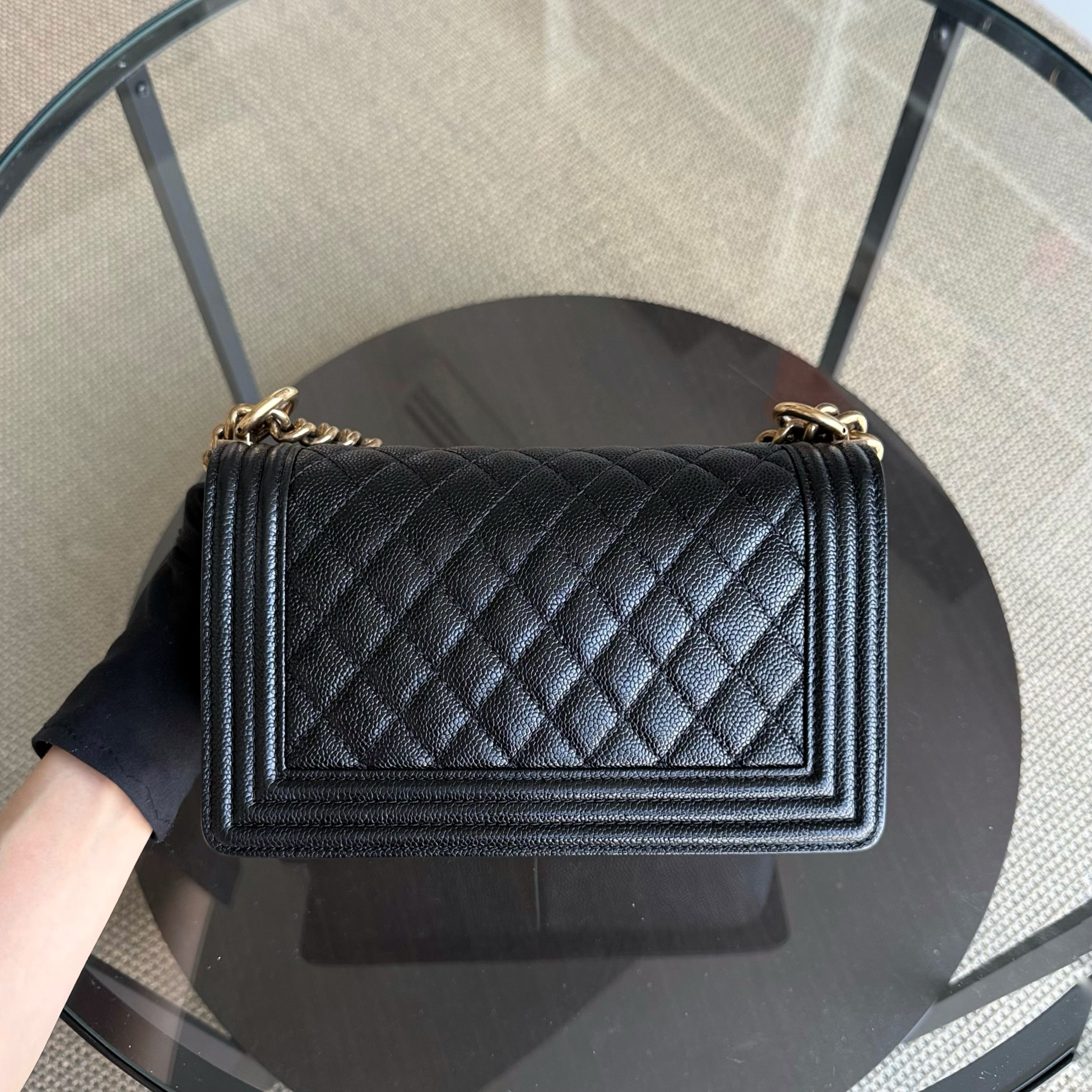 Chanel Boy Old Medium - Caivar Quilted Grained Calfskin Black Ruthenium Gold Hardware Series 19
