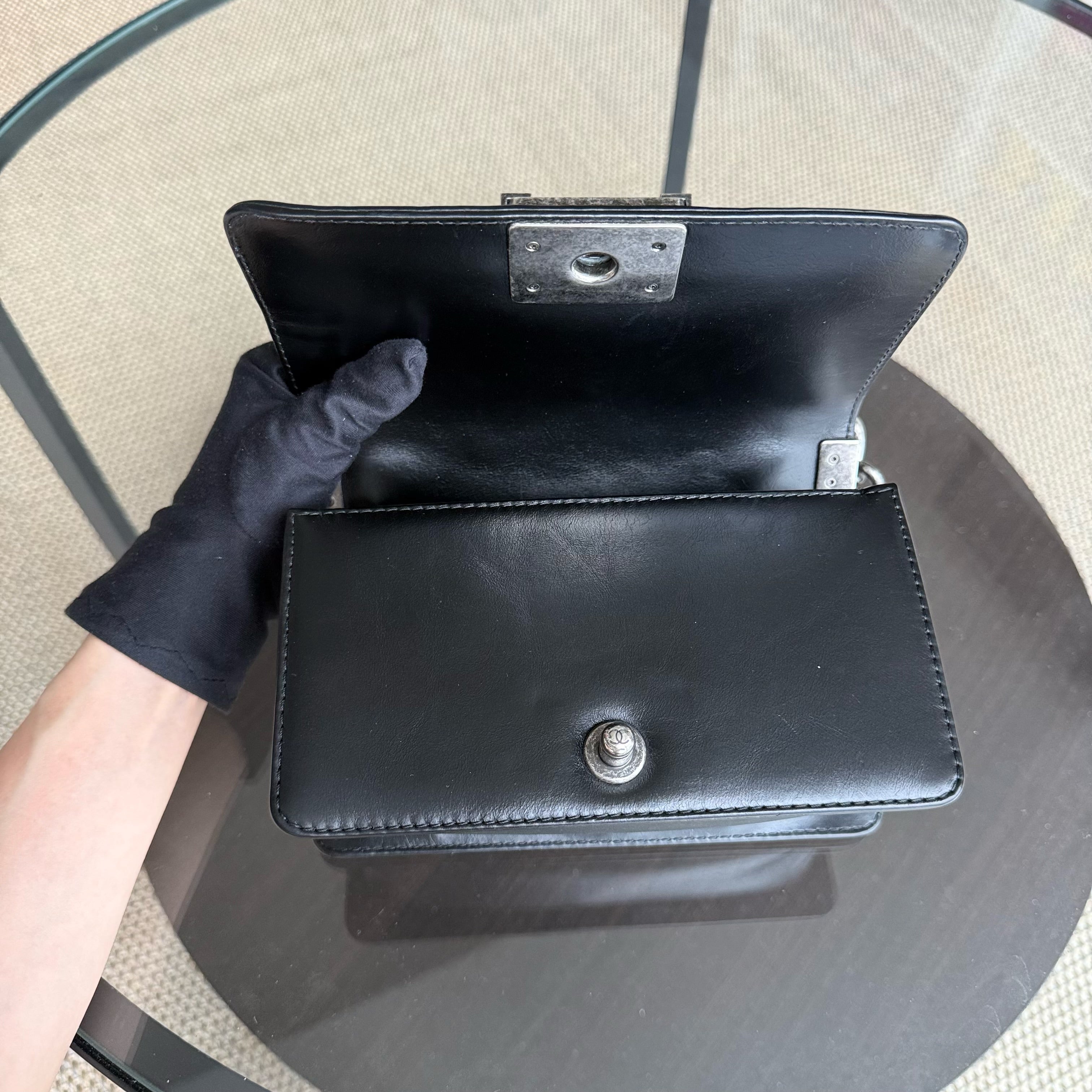 Chanel Boy Small Handle - 20CM Calfskin Chain Around Top Handle Limited Edition Black Ruthenium Silver Hardware Series 21