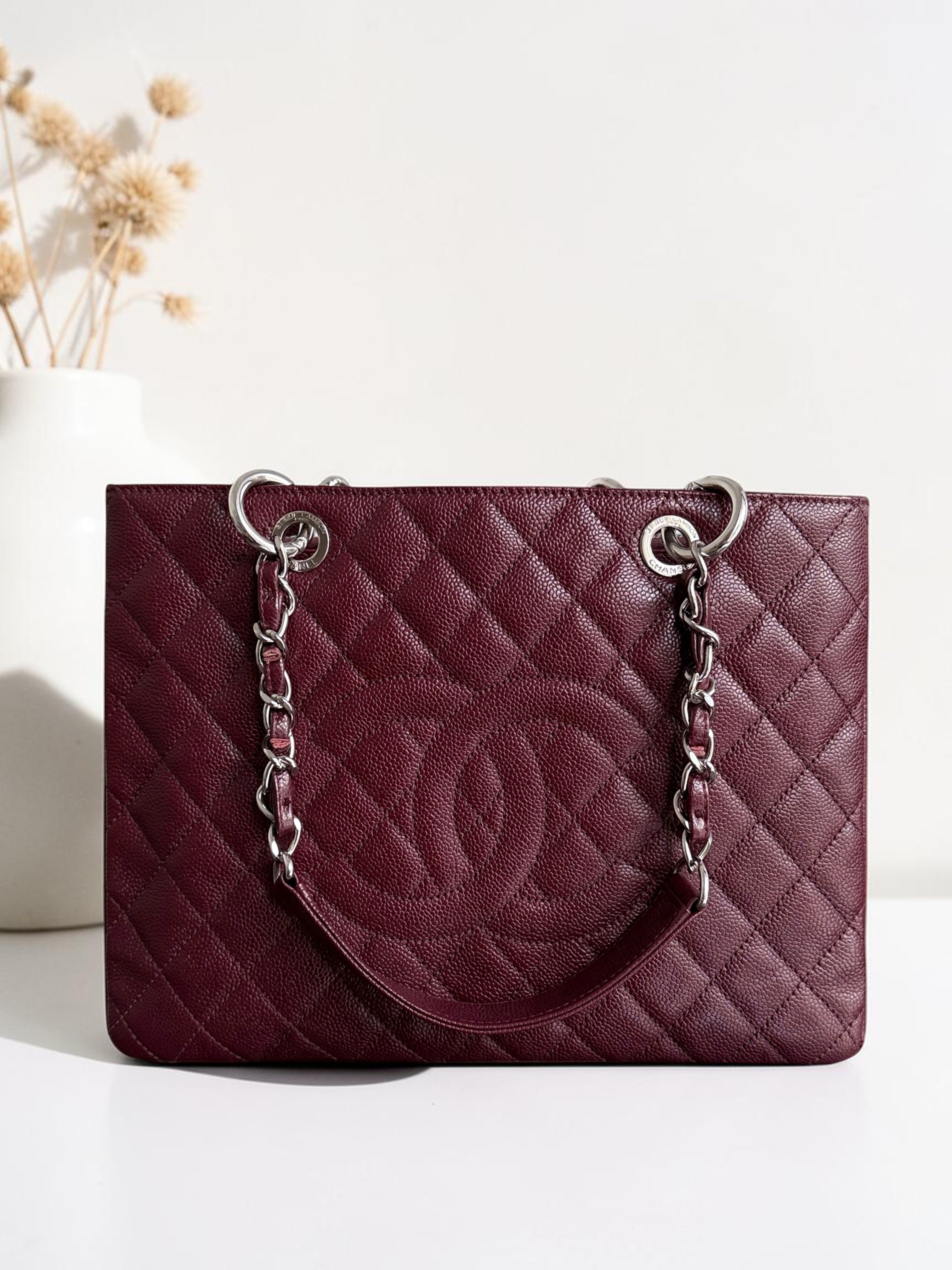 Chanel GST Grand Shopping Tote - Burgundy Caviar Quilted Silver Hardware Series 19