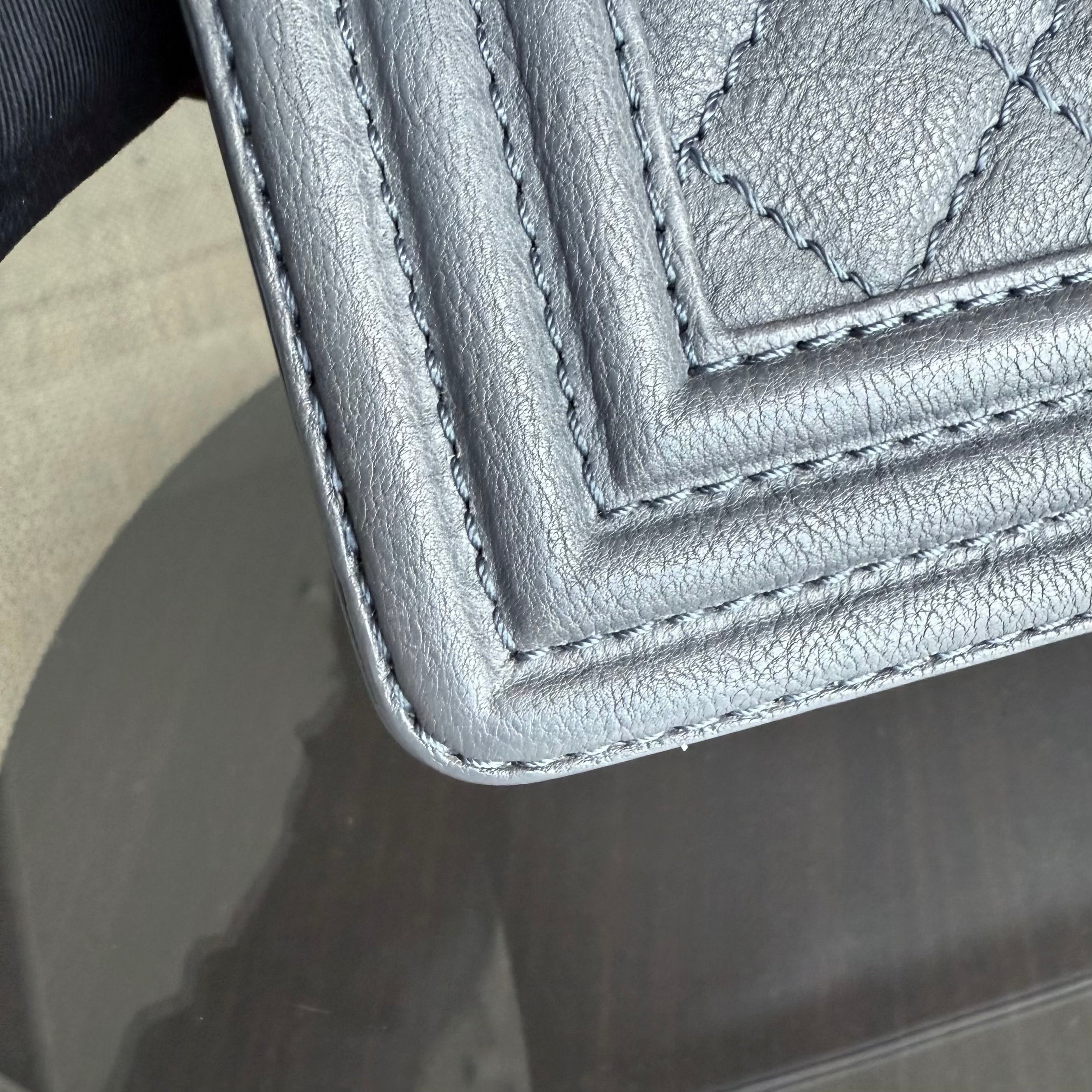 Chanel Boy Medium - 25CM Quilted Limited Edition Paris-Dallas Metal Edge Grained Calfskin Gray Silver Hardware Series 19