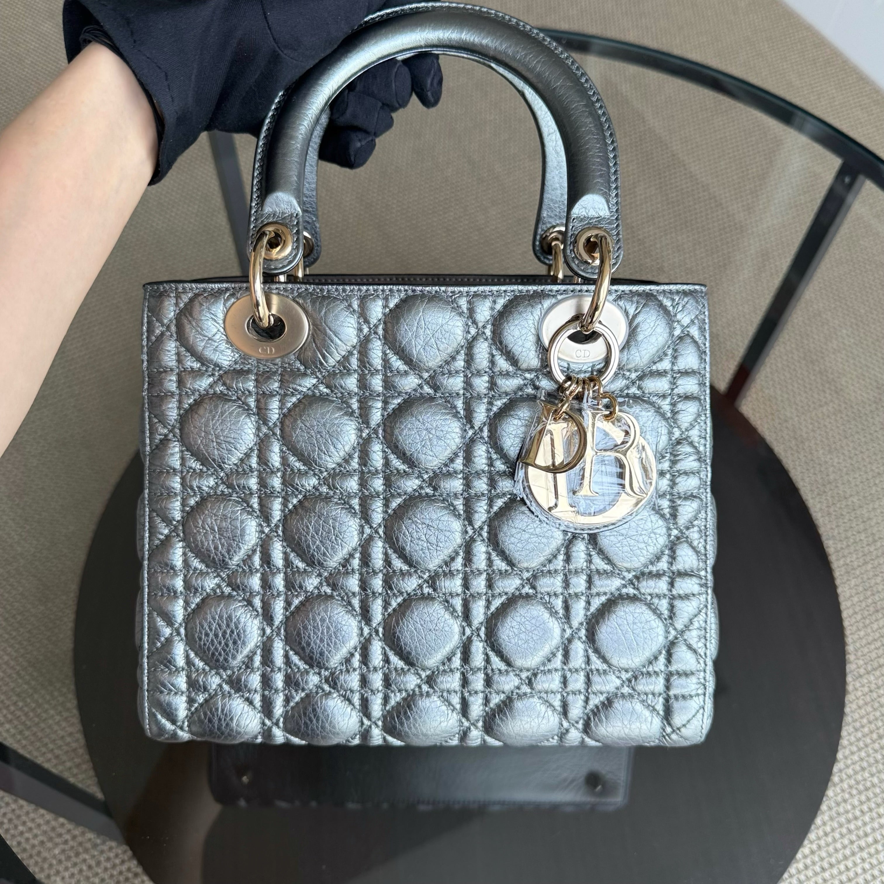 Dior Lady Medium Flap - Grained Calfskin Metallic Silver Gold Hardware Limited Edition